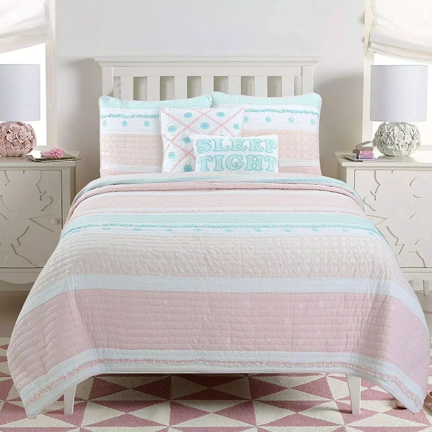 Cozy Line Light Pink Blue Ruffles Girl 100% Cotton 3 Piece Reversible Quilt Bedding Set. Candy. Queen