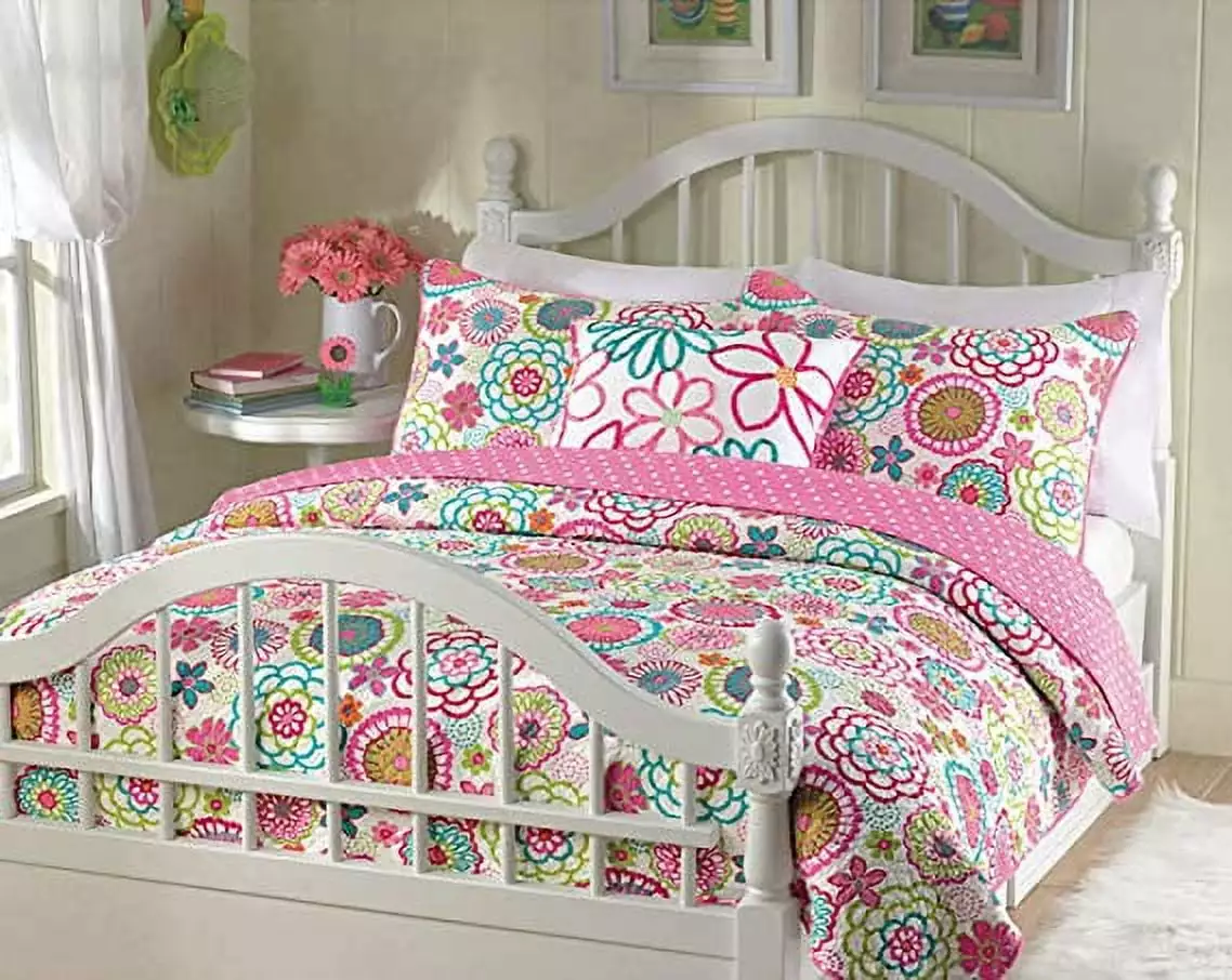 Cozy Line Mariah Pink Blue Floral Microfiber/Cotton Reversible Quilt Bedding Set. Twin 2-Piece