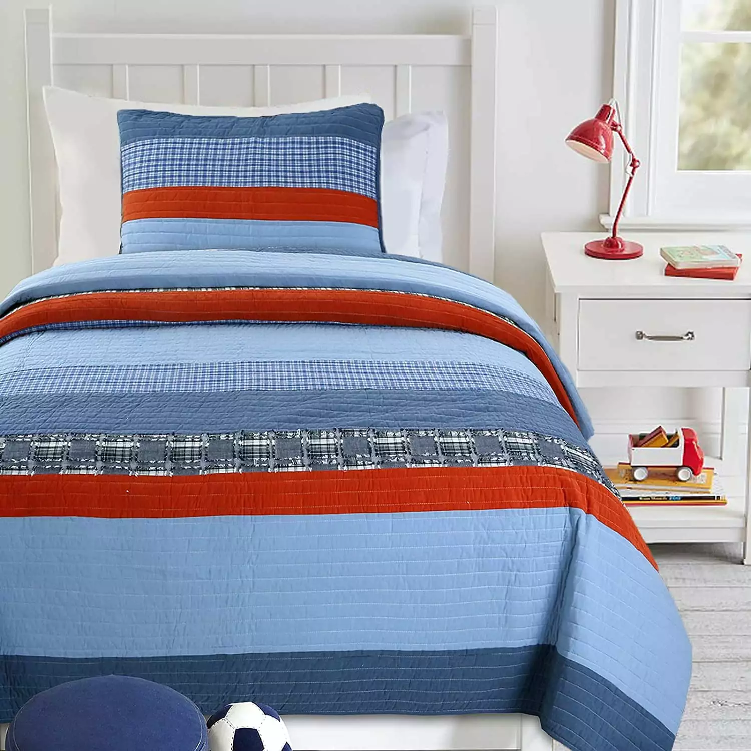 Cozy Line Navy Blue Red Striped Boy 100% Cotton Reversible Quilt Bedding Set (Varsity. Queen - 3 Piece)