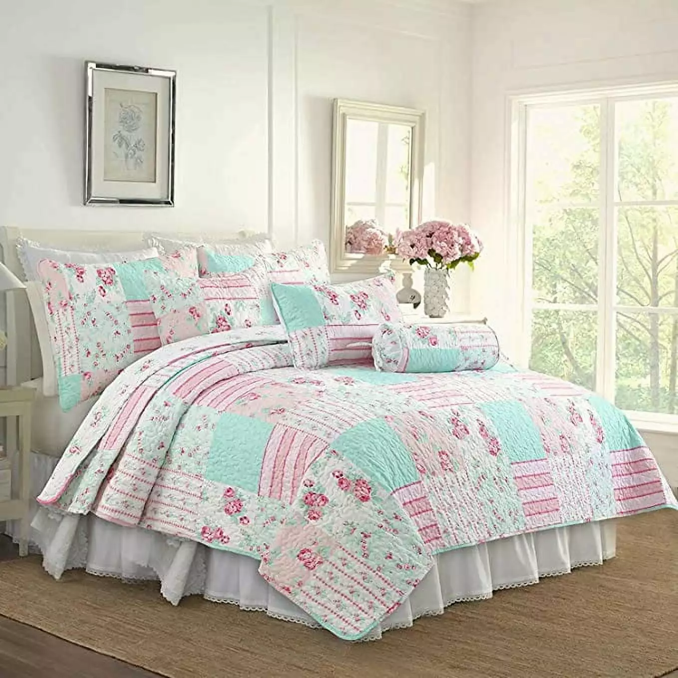 Cozy Line Pink Garden Floral Pink Blue Reversible 5-Piece Quilt Bedding Set. Twin Set with Decorative Pillows