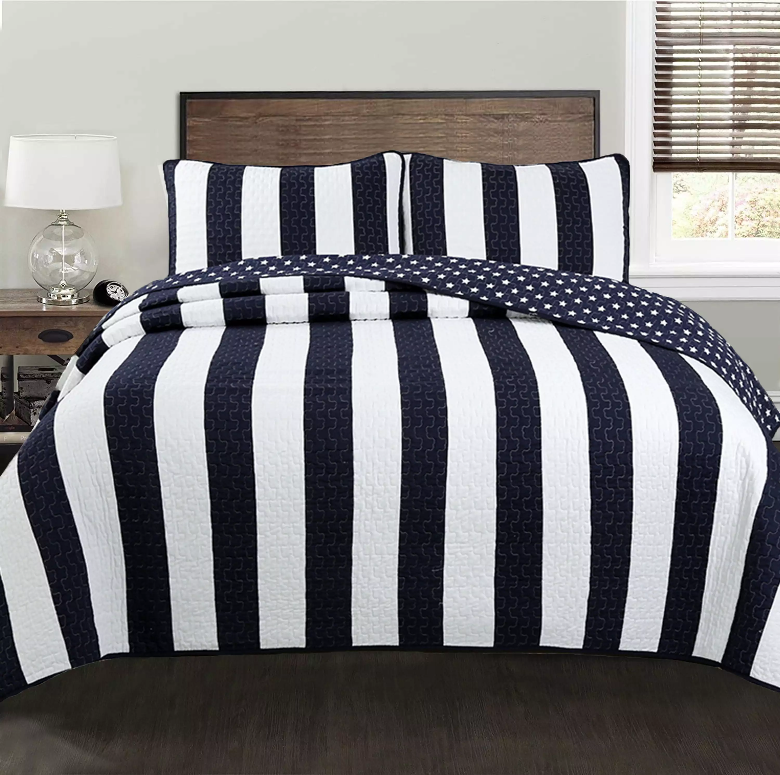 Cozy Line Sailor Popeye Bedding Quilt Set. Nautical Navy Blue White Star Striped Pattern Printed 100% Cotton Reversible Coverlet Bedspread for Kids Boy(Sailor Star. King - 3 Piece)