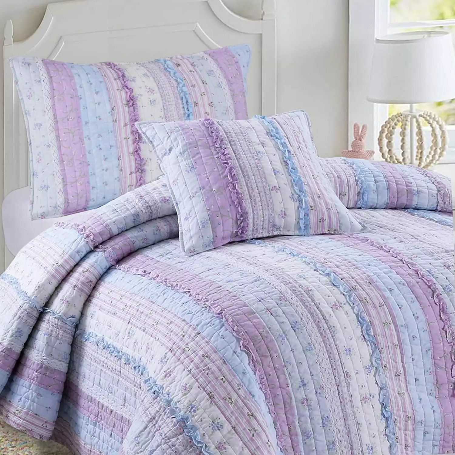 Cozy Line Shabby Chic Floral Ruffle Stripe 100% Cotton Reversible Quilt Set (Lavender. King - 3 Piece)