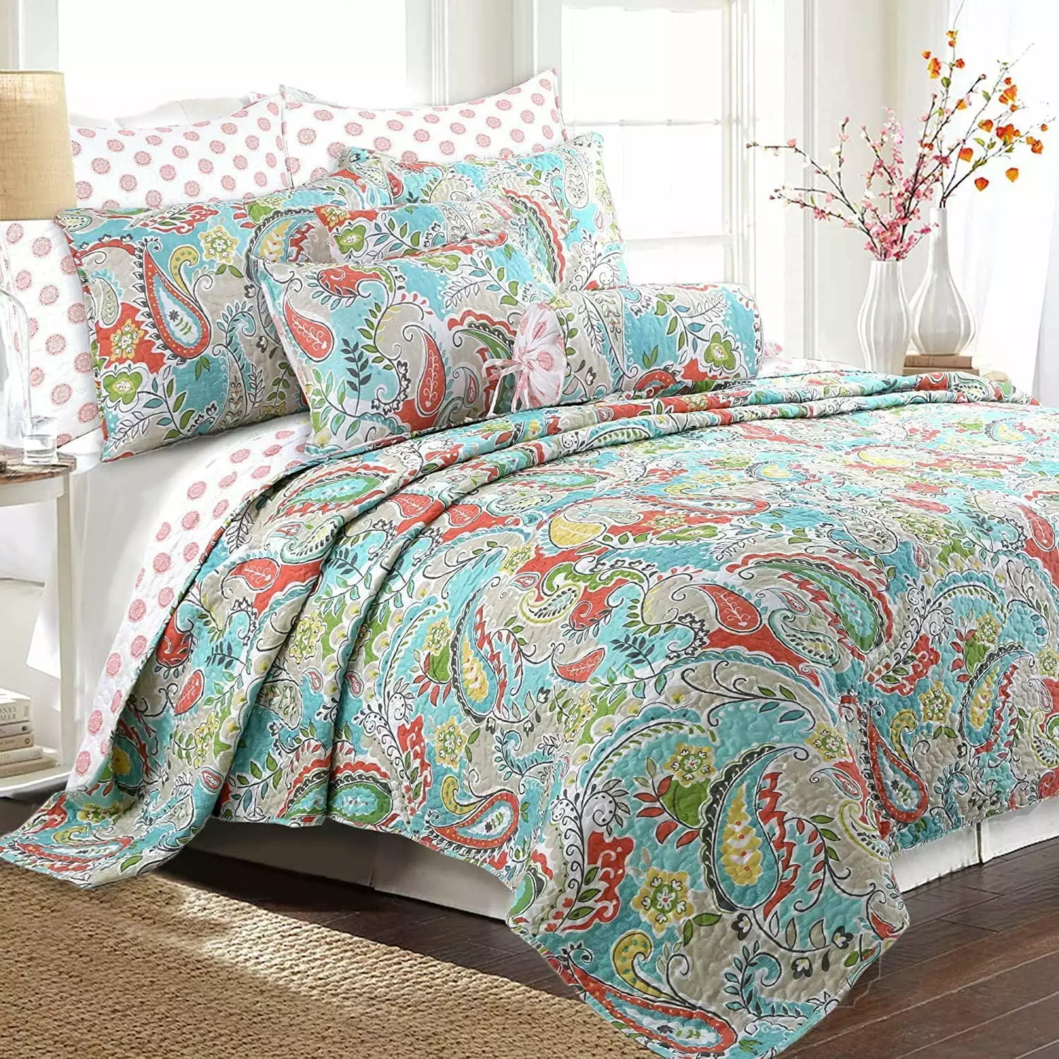 Cozy Line Turquoise Blue Coral Paisley 3 Piece Reversible Quilt Bedding Set. Queen