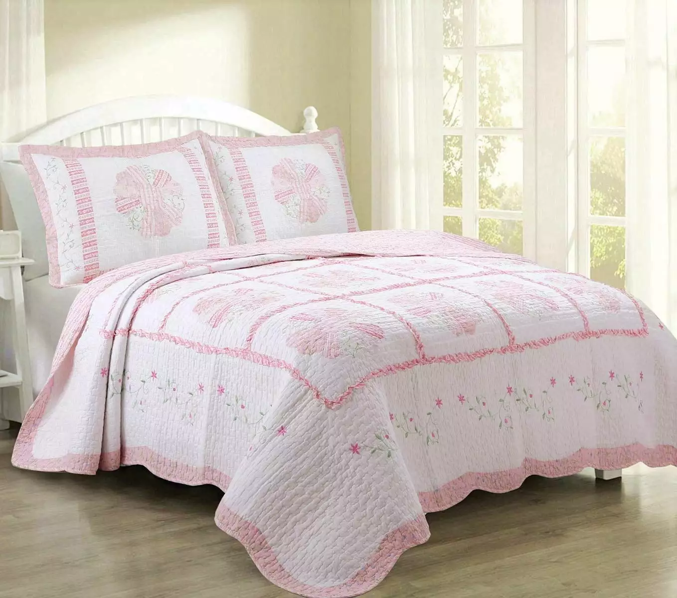 Cozy Line Vintage Pink Daisy Field Calico Floral 100% Cotton Quilt Set. Twin Set