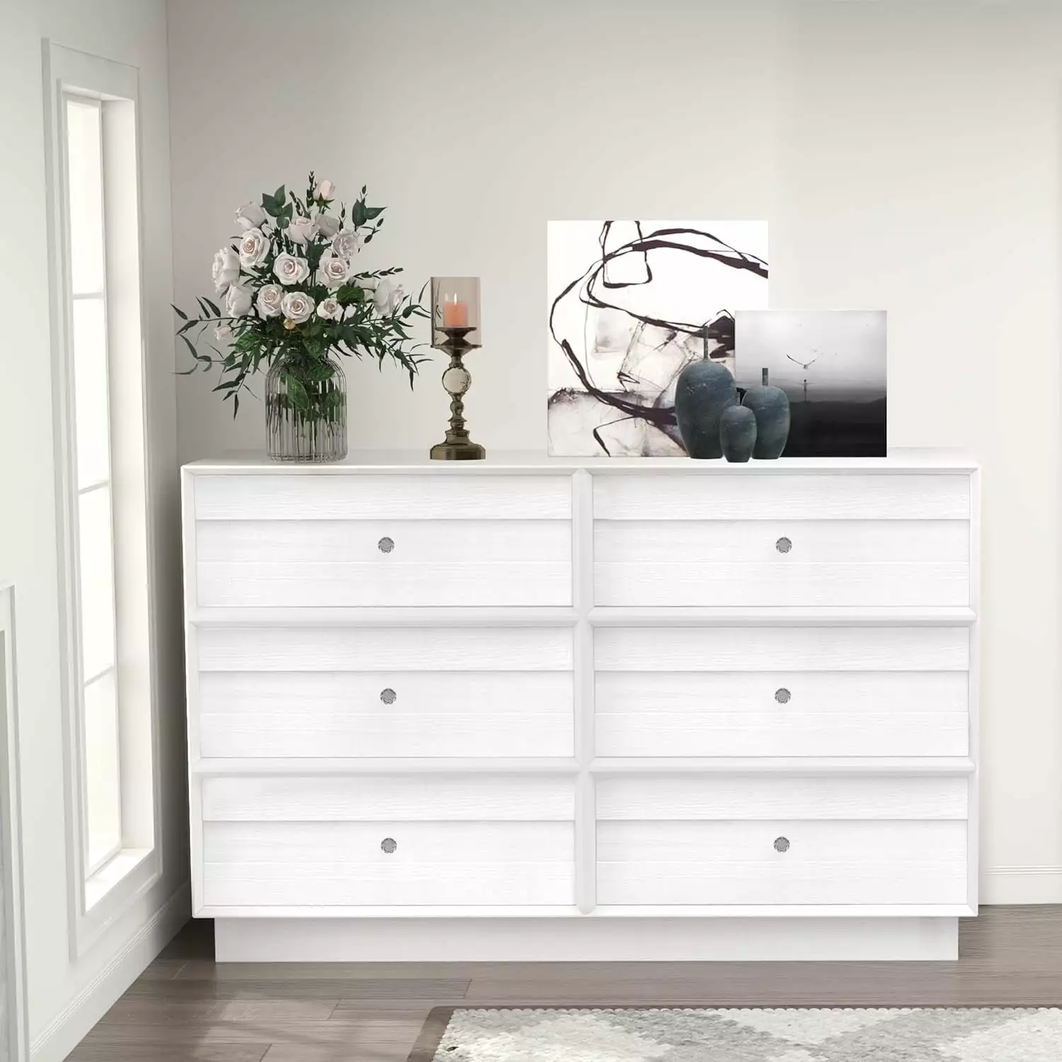 CozyHom 6 Drawers Dresser For Bedroom. Baby Dressers Chest for Nursery. Wood Storage Cabinet for Living Room Hallway Closet. White