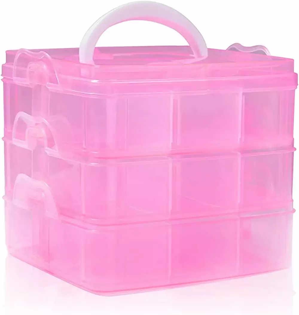 Craft Storage Organizer.Casewin Sewing Box.3-Tier Plastic Organizer Box with Dividers. Storage Containers for Organizing Art Supplies. Fuse Beads.Washi Tape. Jewelry.Tool.Kids Toy.Pink