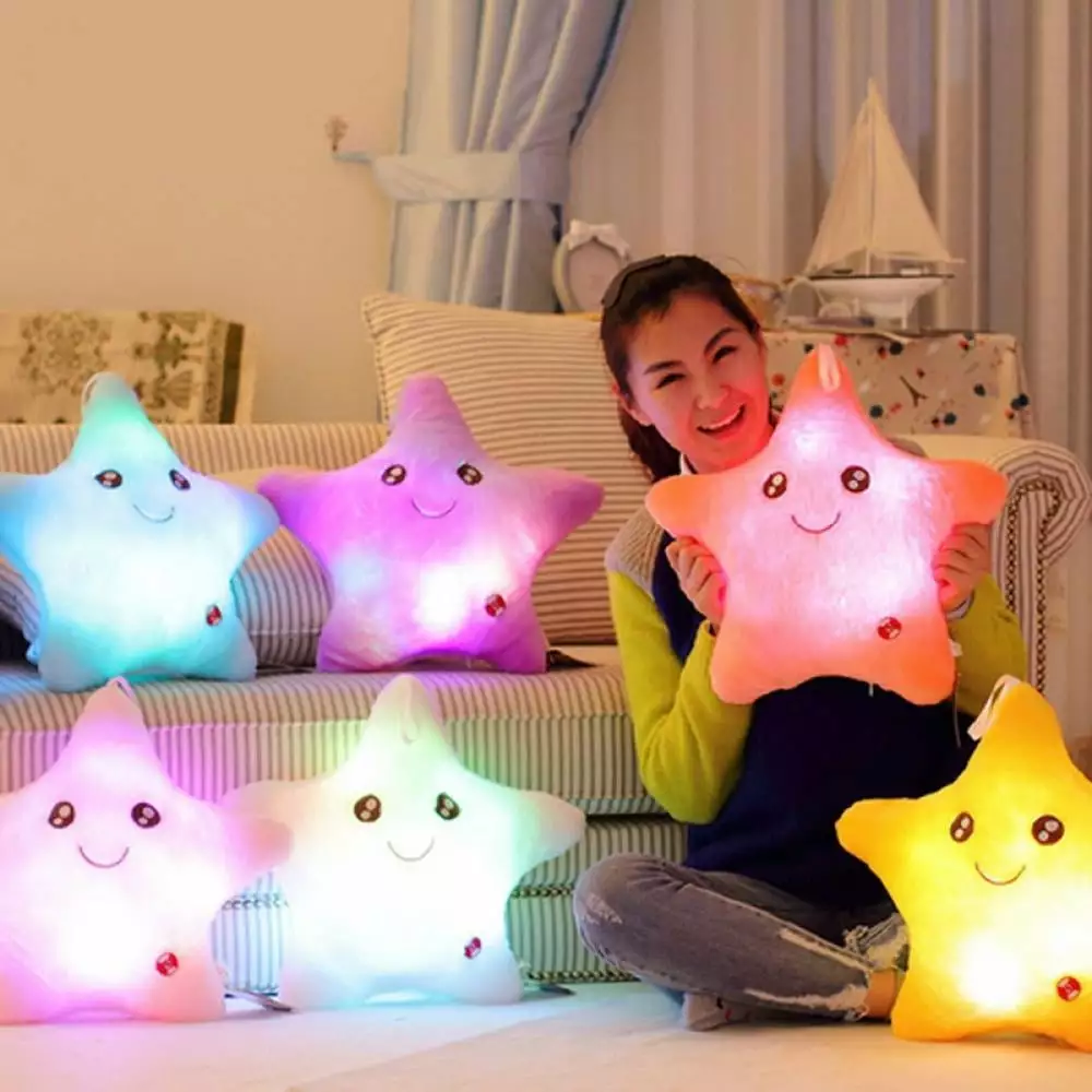 Creative Colorful Body Twinkle Star Shaped Plush Pillow. LED Night Light Glowing Cushions Stuffed Toys Soft Relax Gifts Smile 5 Colors Body Pillow for Kids. Decoration (Pink)