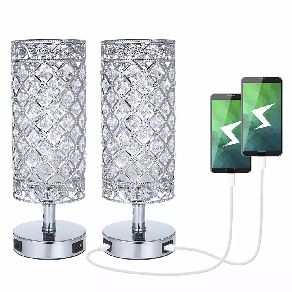 Crystal Table Lamp Set of 2. Bedside Nightstand Lamps with 2 USB Charging Ports. Silver Crystal Desk Lamp for Bedroom Living Room