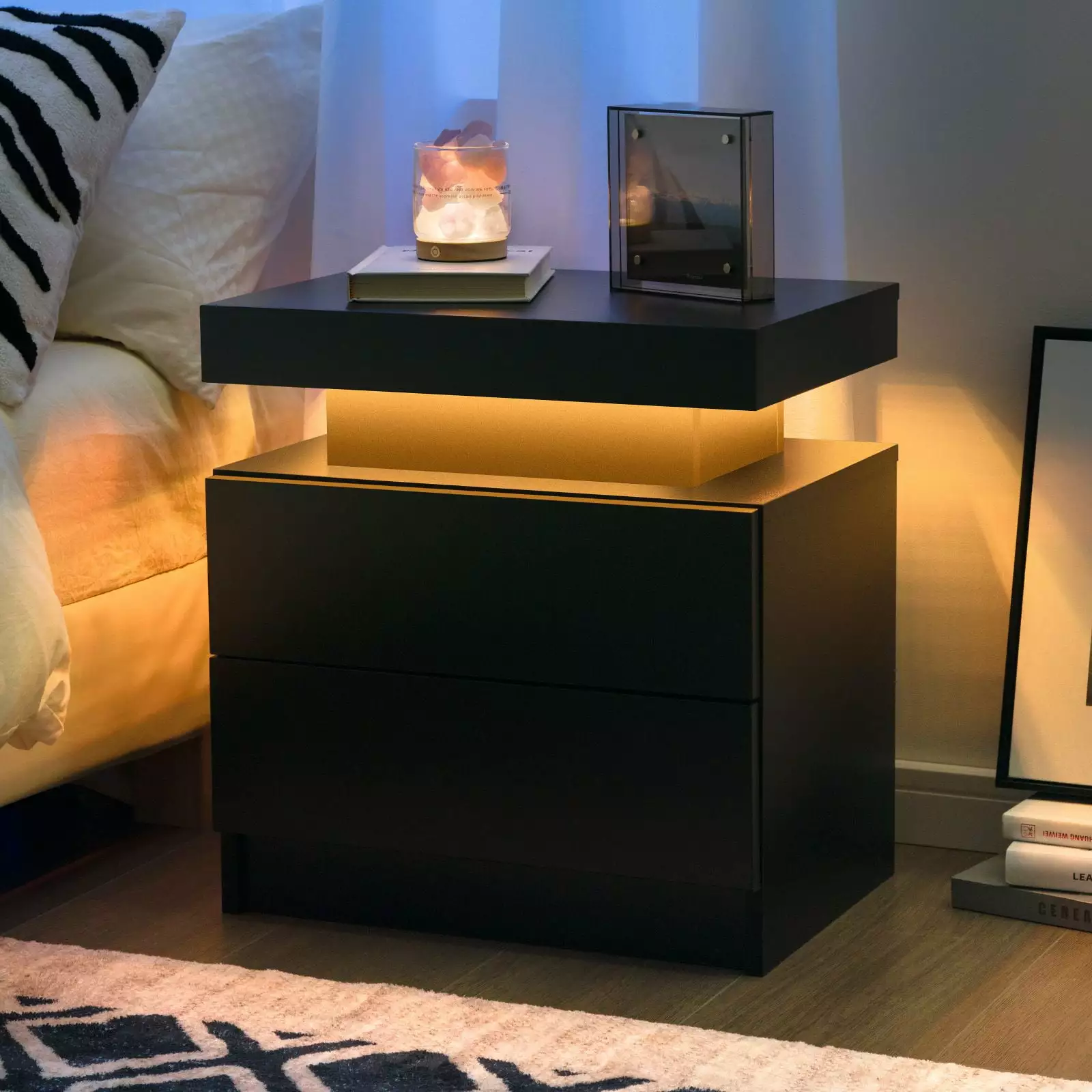 Cubehom Nightstand LED End Side with 2 Drawers Table Modern Wood Bedside Table for Adults Bedroom Living Room Black