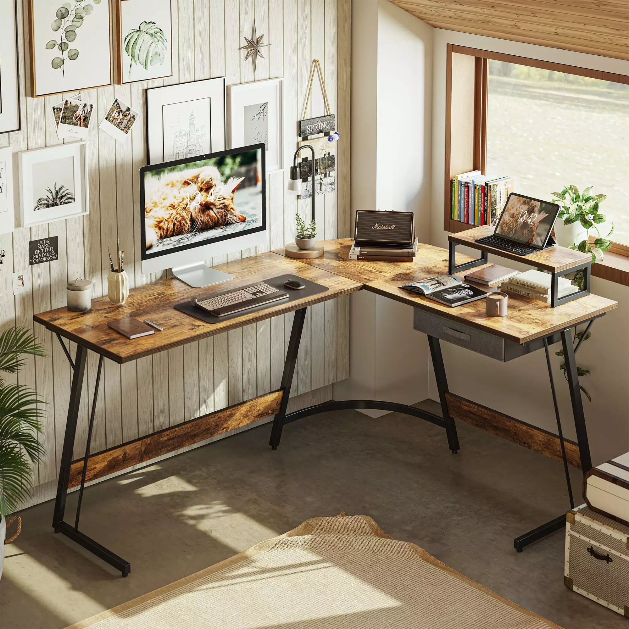 CubiCubi 59.1 Modern L Shaped Desk with Drawer. Home Office Sturdy Computer Table. Brown Finish