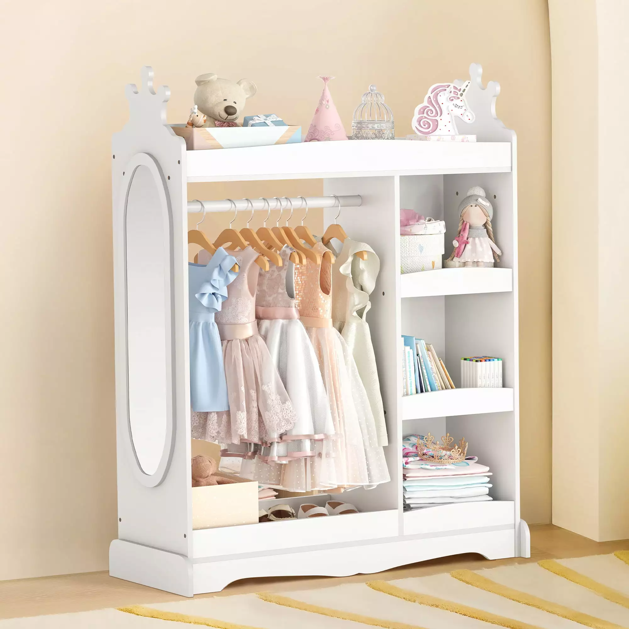 Curipeer Kids Dress up Storage with Mirror.Wood Armoire Wardrobe Closet for Kids Room.White