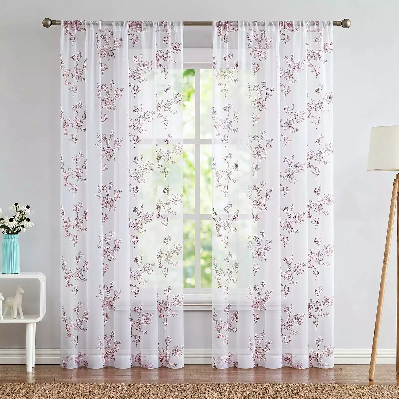 Curtainking Sheer Curtains for Living Room Bedroom 84 inch Embroidered Floral Voile Window Curtains Rod Pocket 2 Panels Coral Pink