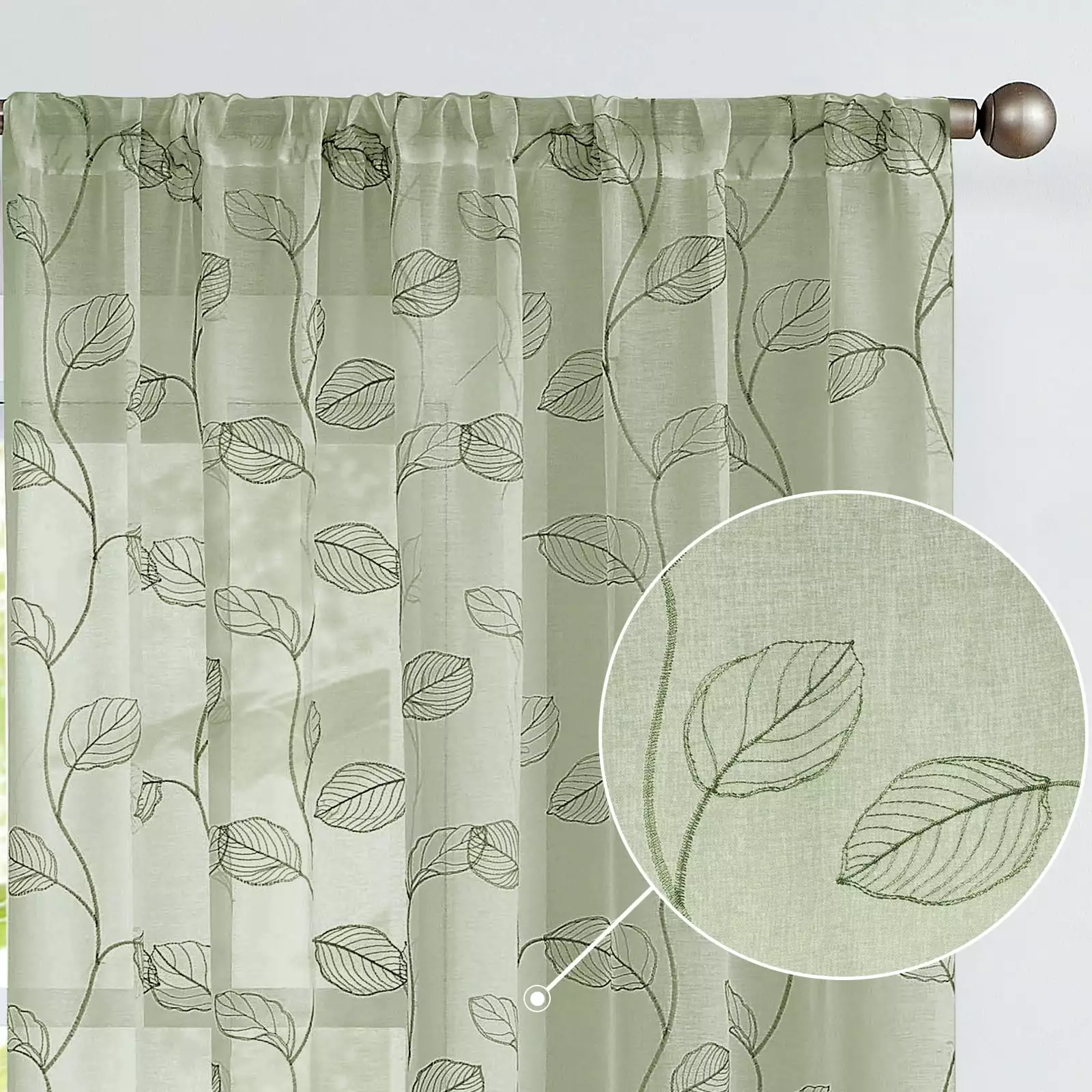 Curtainking Sheer Curtains for Living Room Embroidered Leaf Window Curtains 84 inch Length light Filtering Drapes Bedroom Rod Pocket 2 Panels Sage