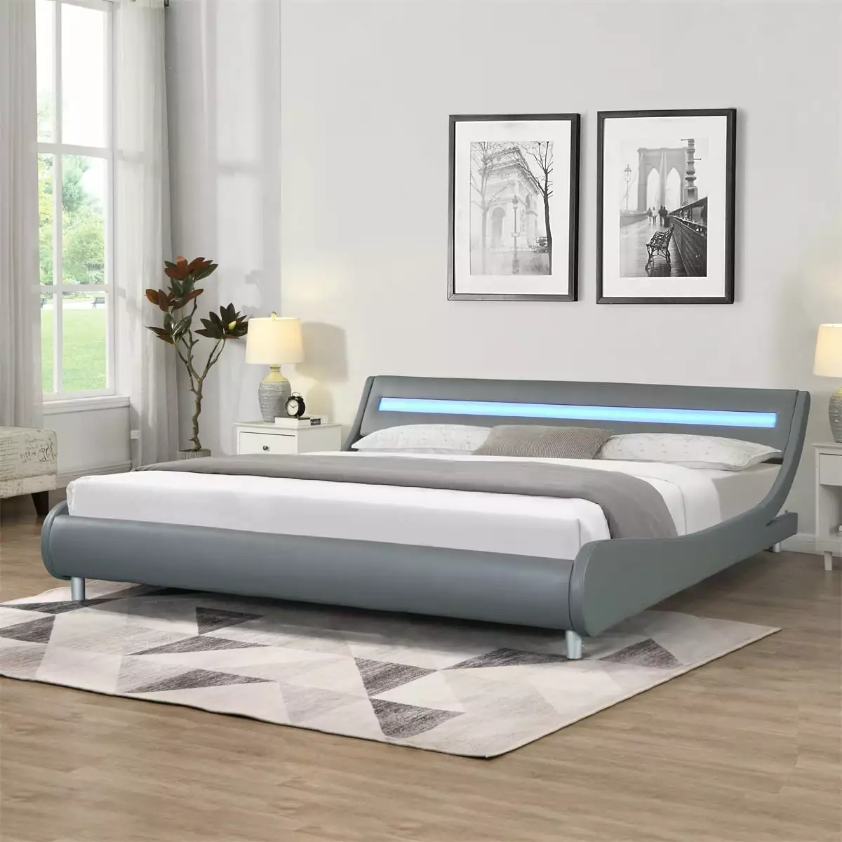 Curve Design Platform Bed.Faux Leather Upholstered Platform Bed Frame with LED Lights Headboard.Modern Low Profile Wave Like Bedframe.King Size Bed Frame with Slats Support for Kids Teens Adults.Gray