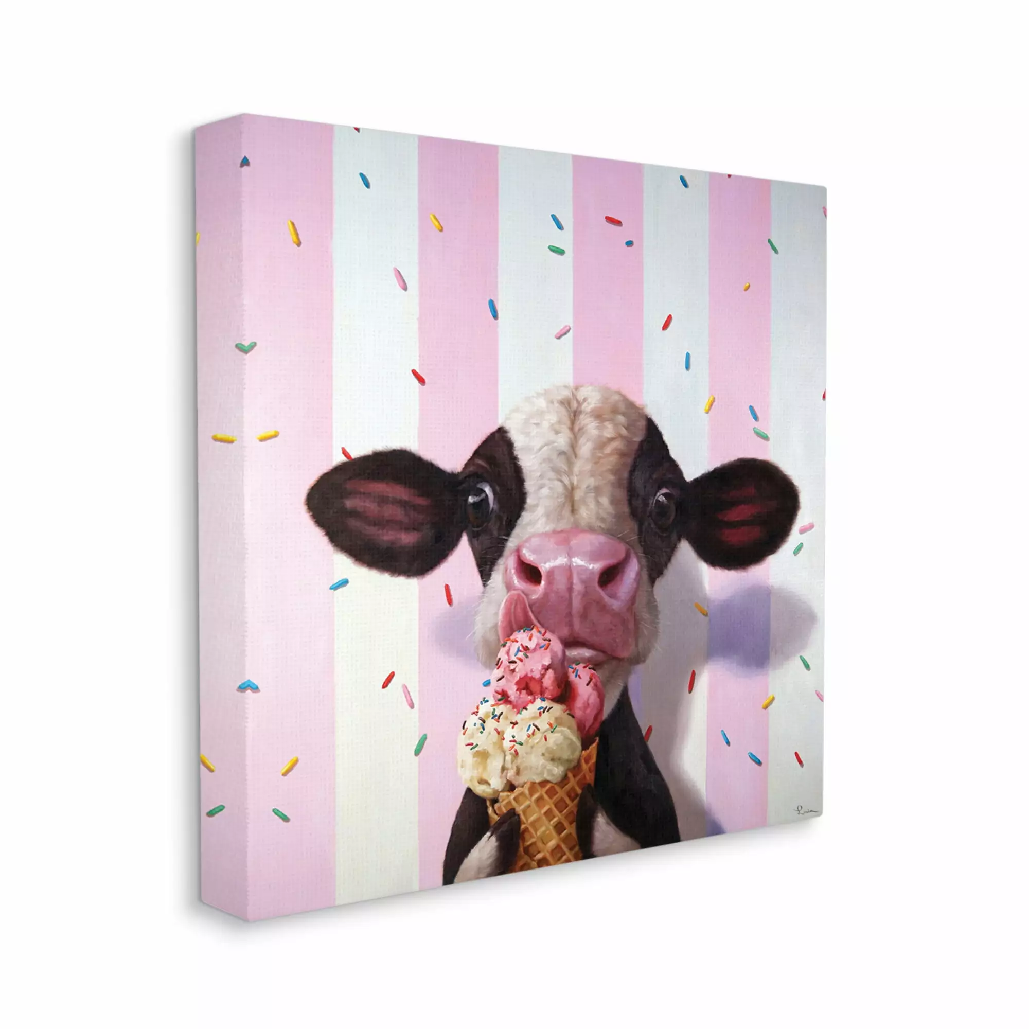 Cute Baby Cow With Ice Cream Cone Stripes 24 in x 24 in Painting Canvas Art Print. by Stupell Home D??cor