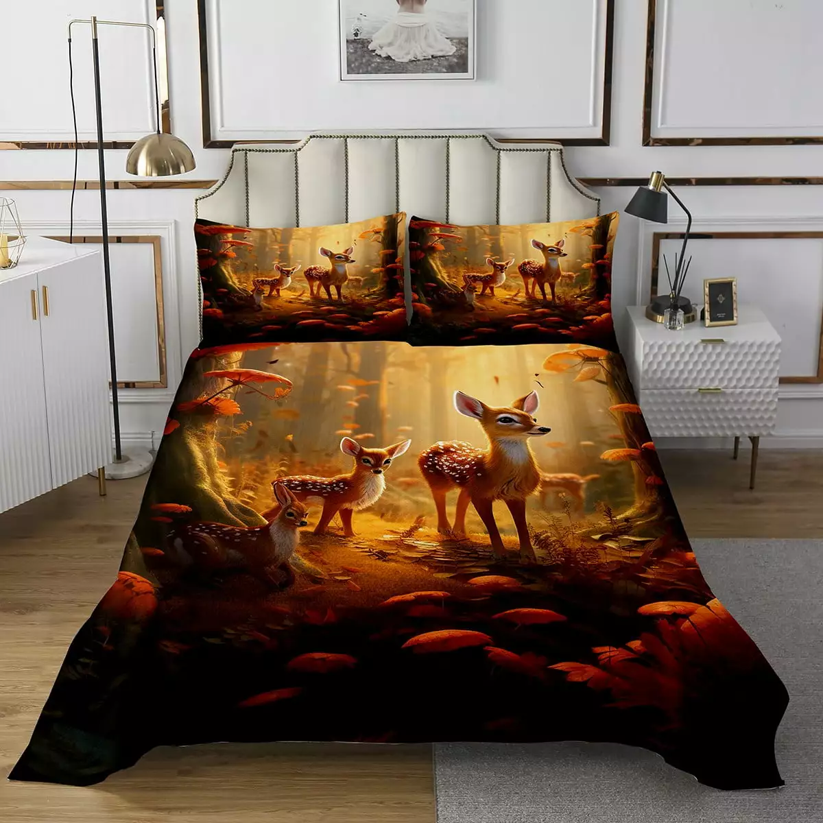 Cute Deer Bed Set Kids Deer Woodland Animals Quilt Set Easter Gifts For Women Men Western Farmhouse Bedspread Set. Botanical Tree Floral Flowers Quilt Set With 1 Pillowcase Twin