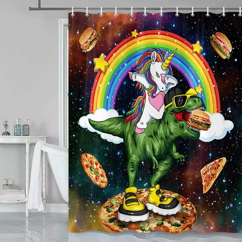 Cute Kids Shower Curtain. Cool Unicorn Riding Dinosaur Shower Curtain Sets for Bathroom. Creative Funny Colorful Rainbow in Fantasy Galaxy Space Waterproof Home Decor Accessories with Hooks 72X84in