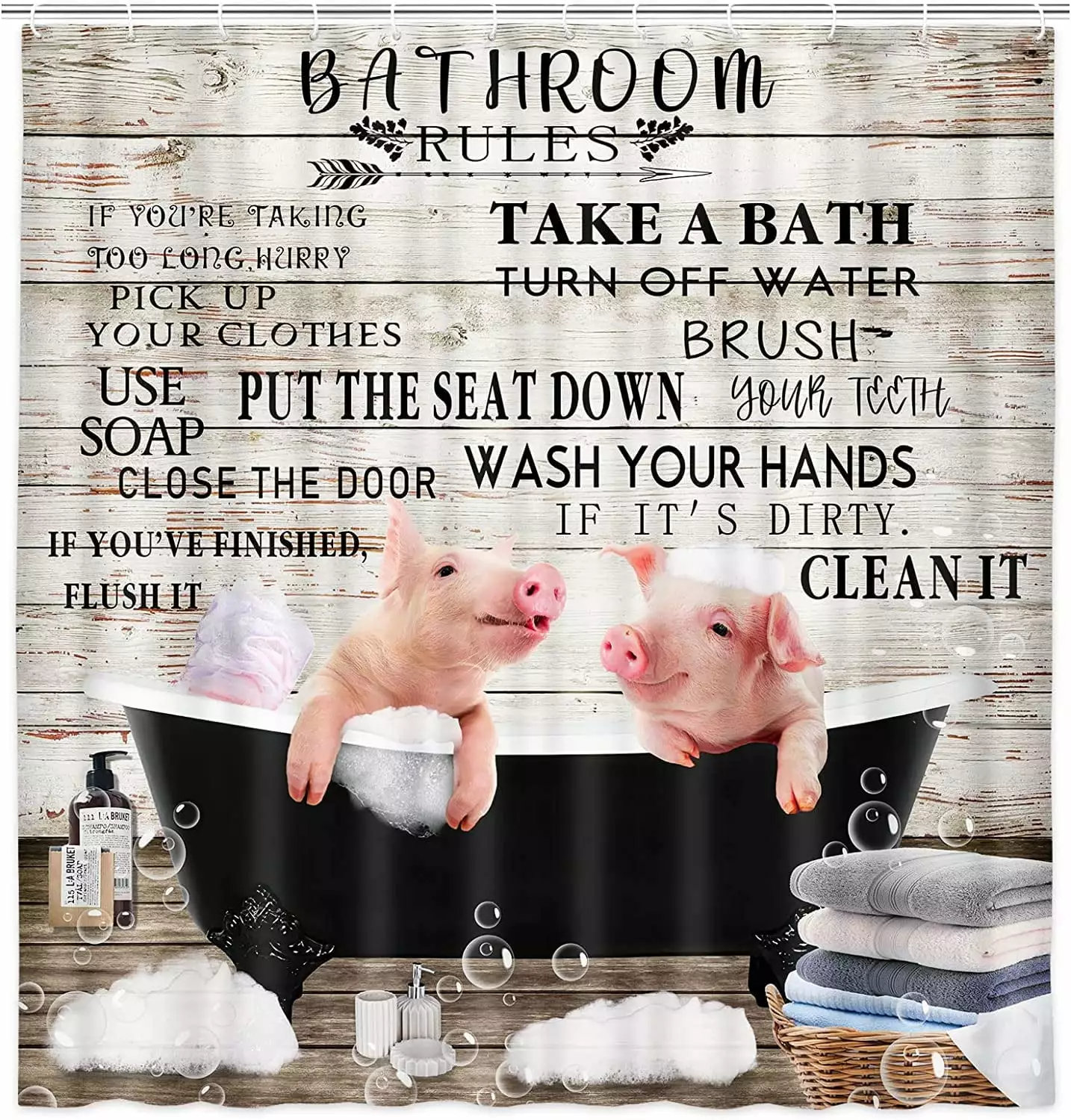 Cute Kids Shower Curtain. Rustic Country Funny Farmhouse Animals Pig Bathroom Rules Shower Curtains for Bathroom Decor. Motivational Educational Waterproof Bathtub Decor Accessories with Hooks.72X72in