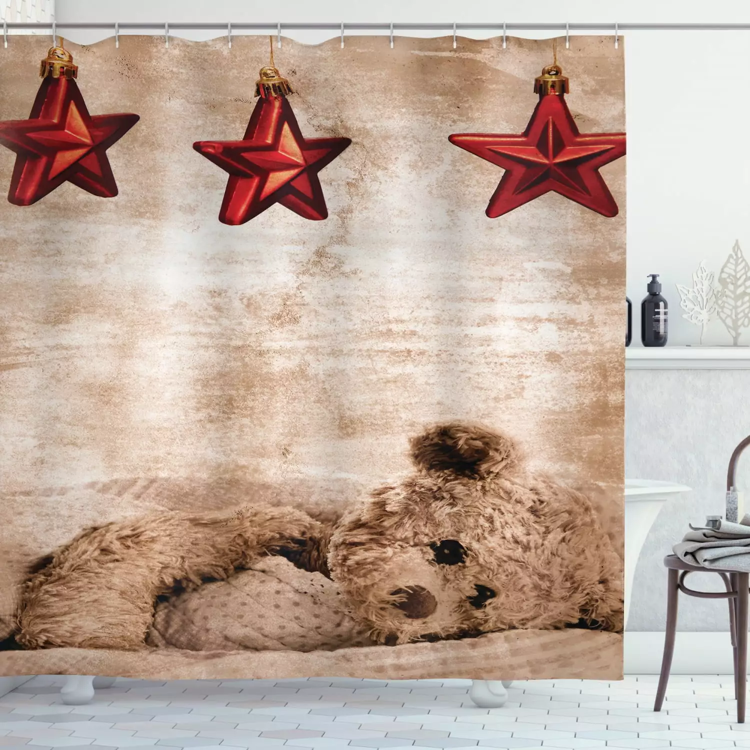 Ambesonne Cartoon Shower Curtain. Teddy Bear and Xmas Stars. 69Wx70L. Tan and Ruby