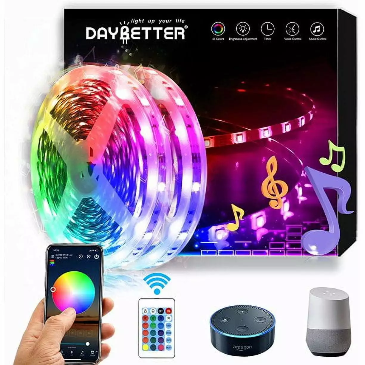 DAYBETTER 100FT Led Strip Lights. Remote and APP Control Music Sync Color Changing Lights Strip Kit Work with Google Assistant.for Home.Bedroom.Indoor Decoration