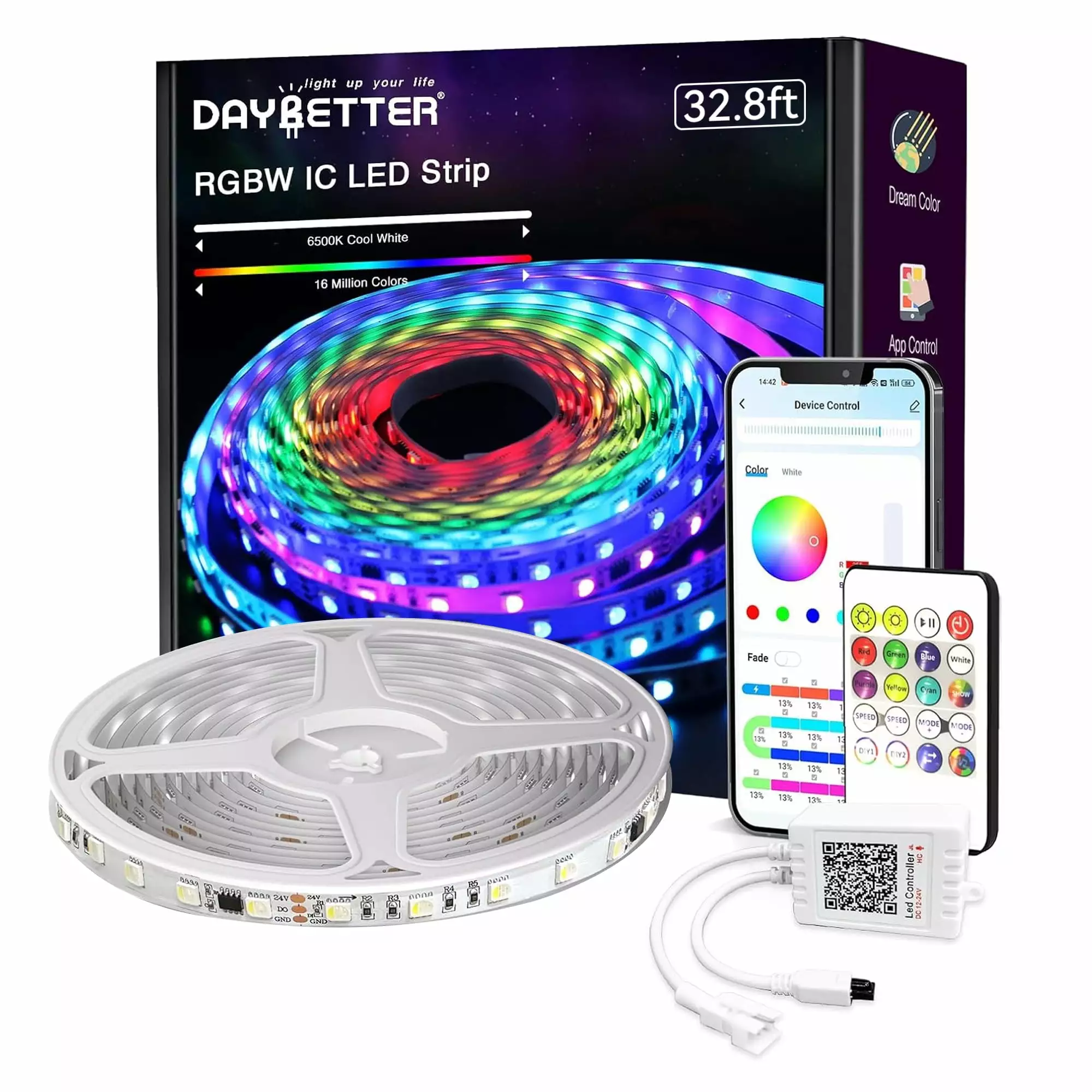 DAYBETTER RGBW IC LED Strip Lights.RGB+6500K White Lights 4 Color in 1 LED Light with Built-in IC Chips.High Density(60 leds per 3.2ft/1M).Dream Color LED Strip for Bedroom.32.8ft.24V