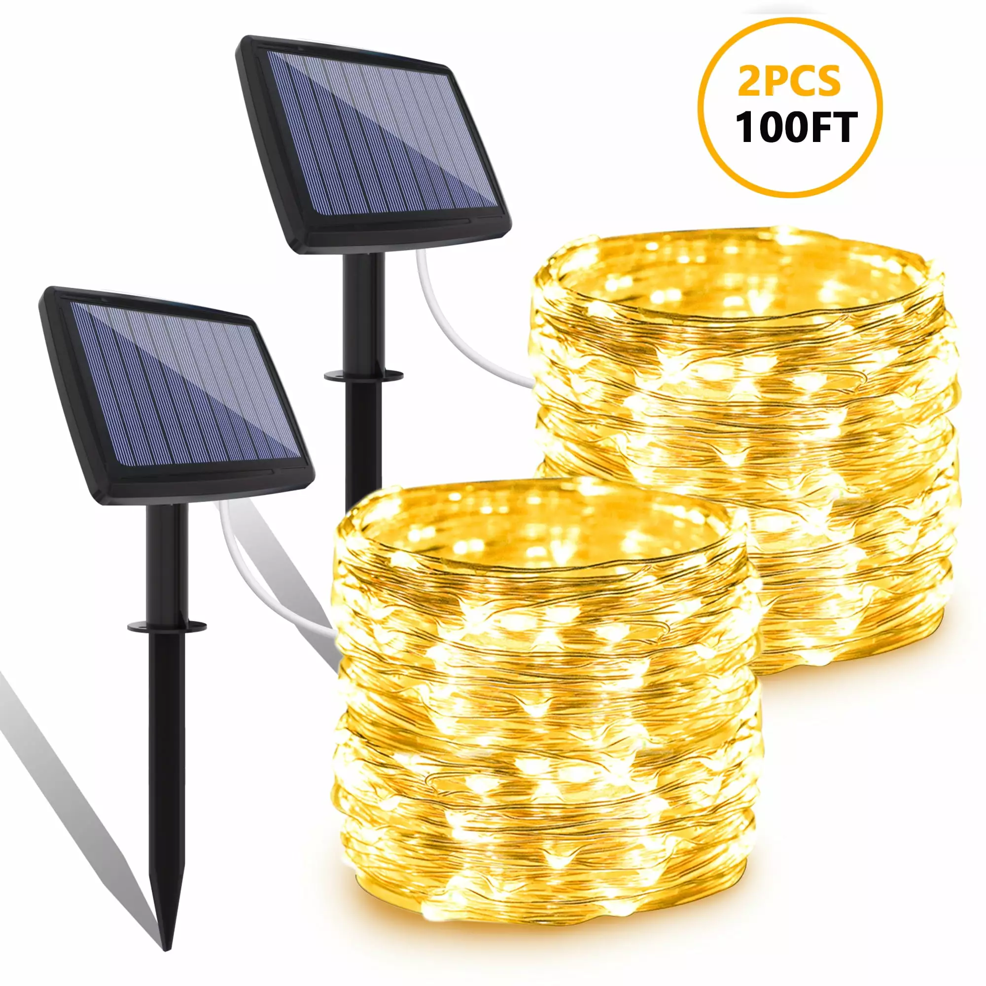 DAYBETTER Solar Fariy String Lights Outdoor. Total 100FT 300 LED Waterproof Copper Wire 8 Modes for Garden Patio Tree Christmas Party Wedding Halloween decoration(Warm White) (2-Pack)