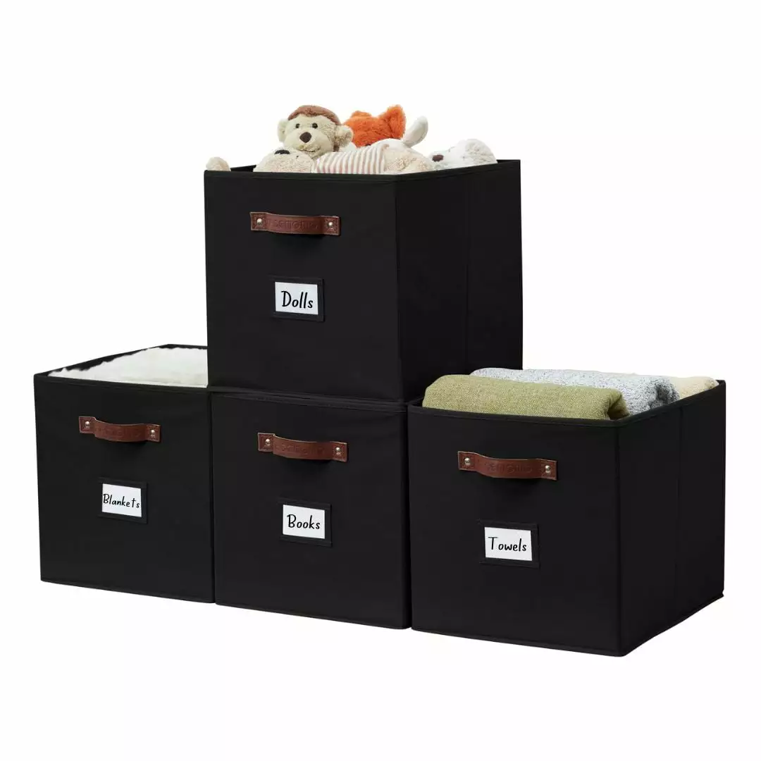 DECOMOMO Fabric Cube Storage Bin. Storage Cube Bin. Cubicle Storage Bin. Storage Cube. Set of 4 Black