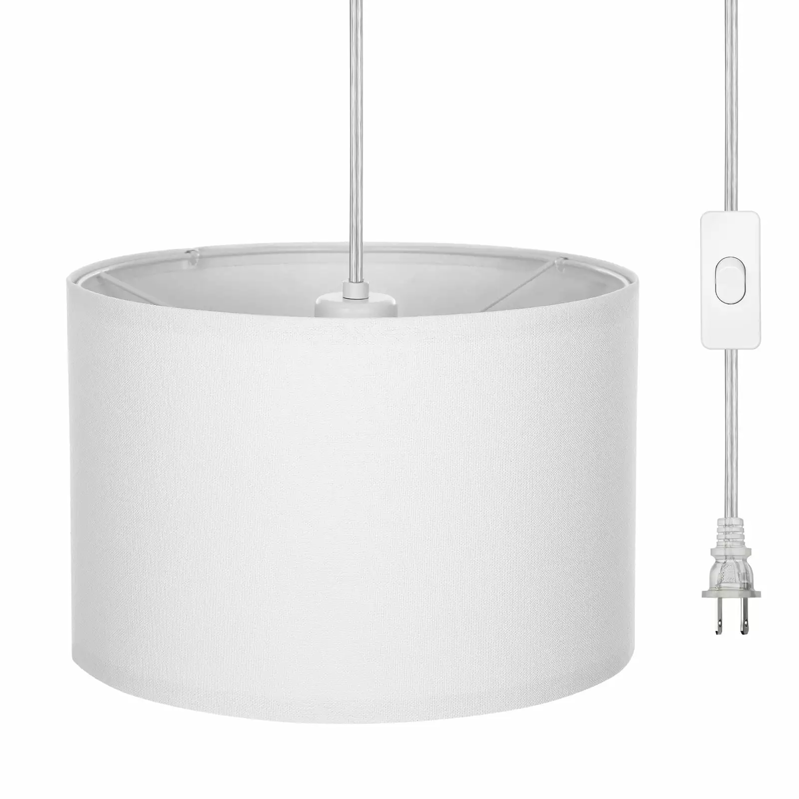 DEWENWILS Plug in Pendant Light.Hanging Light with 15ft Clear Cord.On/Off Switch.White Fabric Shade