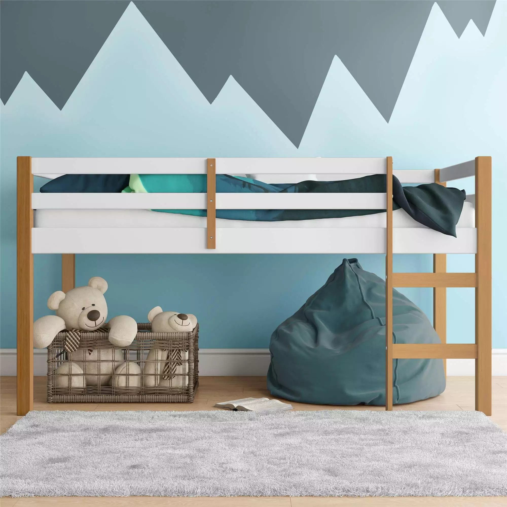 DHP Benson Junior Twin Size Wooden Loft Bed. Natural and White