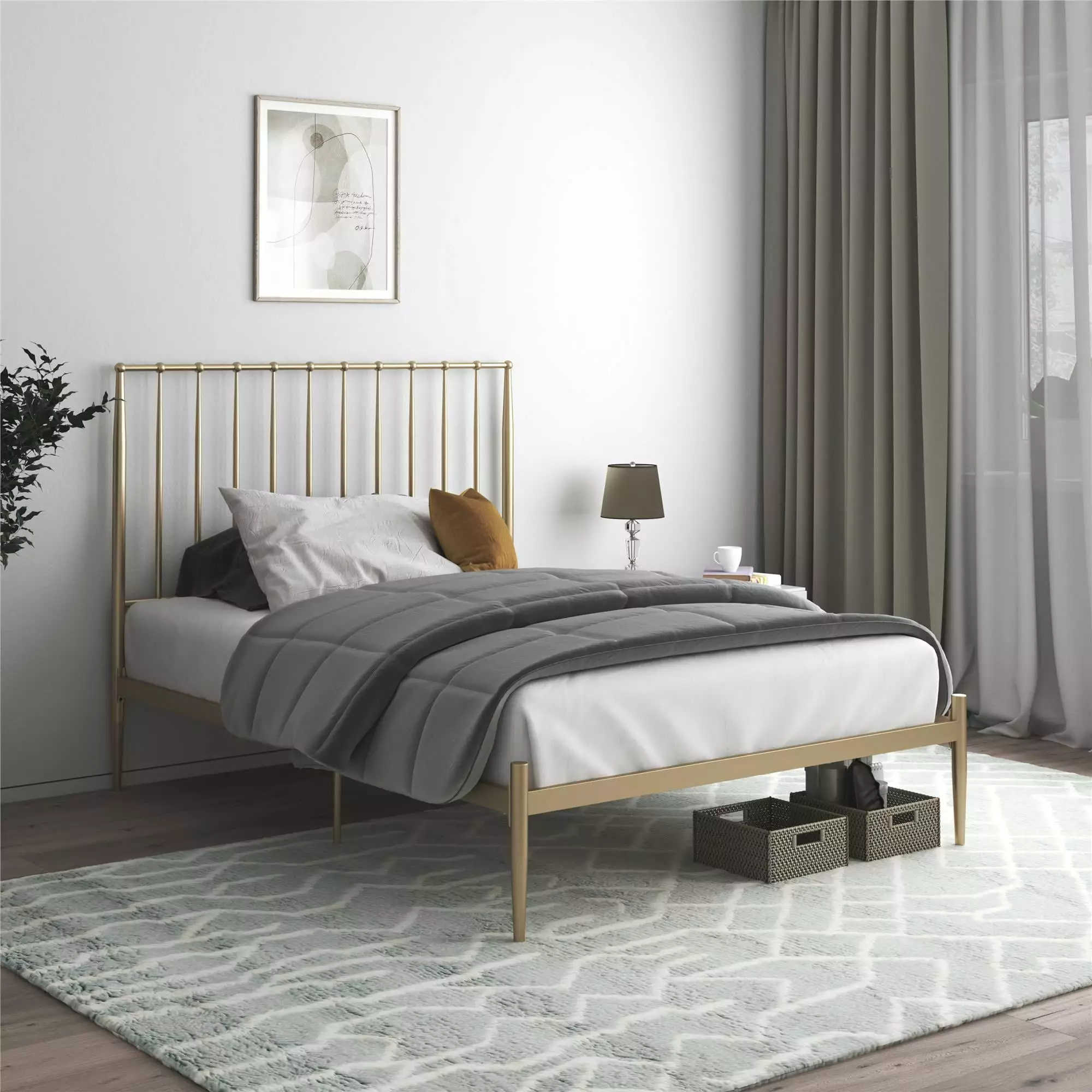 DHP Giulia Metal Platform Bed with Headboard and Underbed Storage Space. Queen. Gold