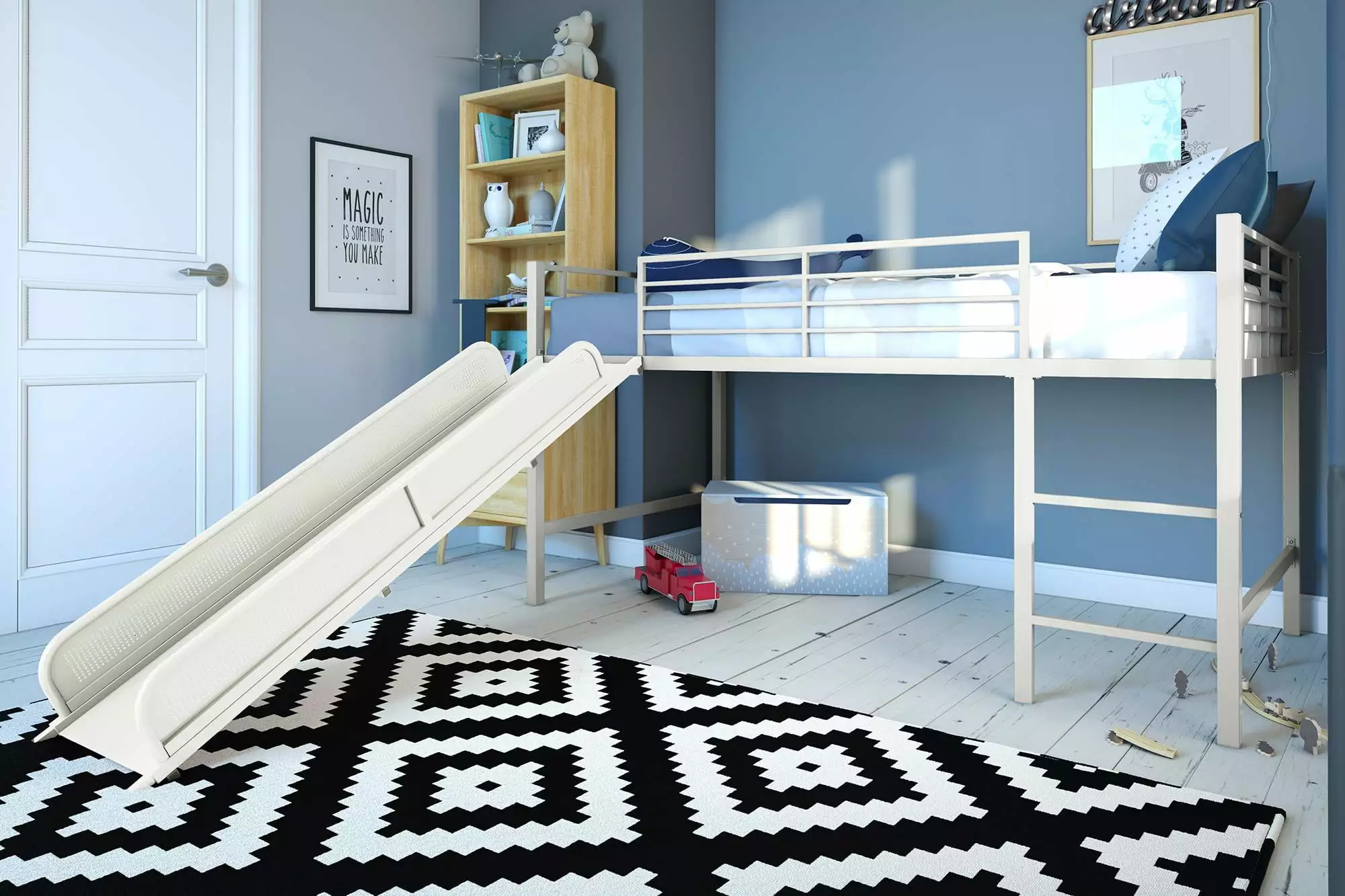 DHP Laurie Junior Twin Metal Loft Bed. Off White with Off White Slide