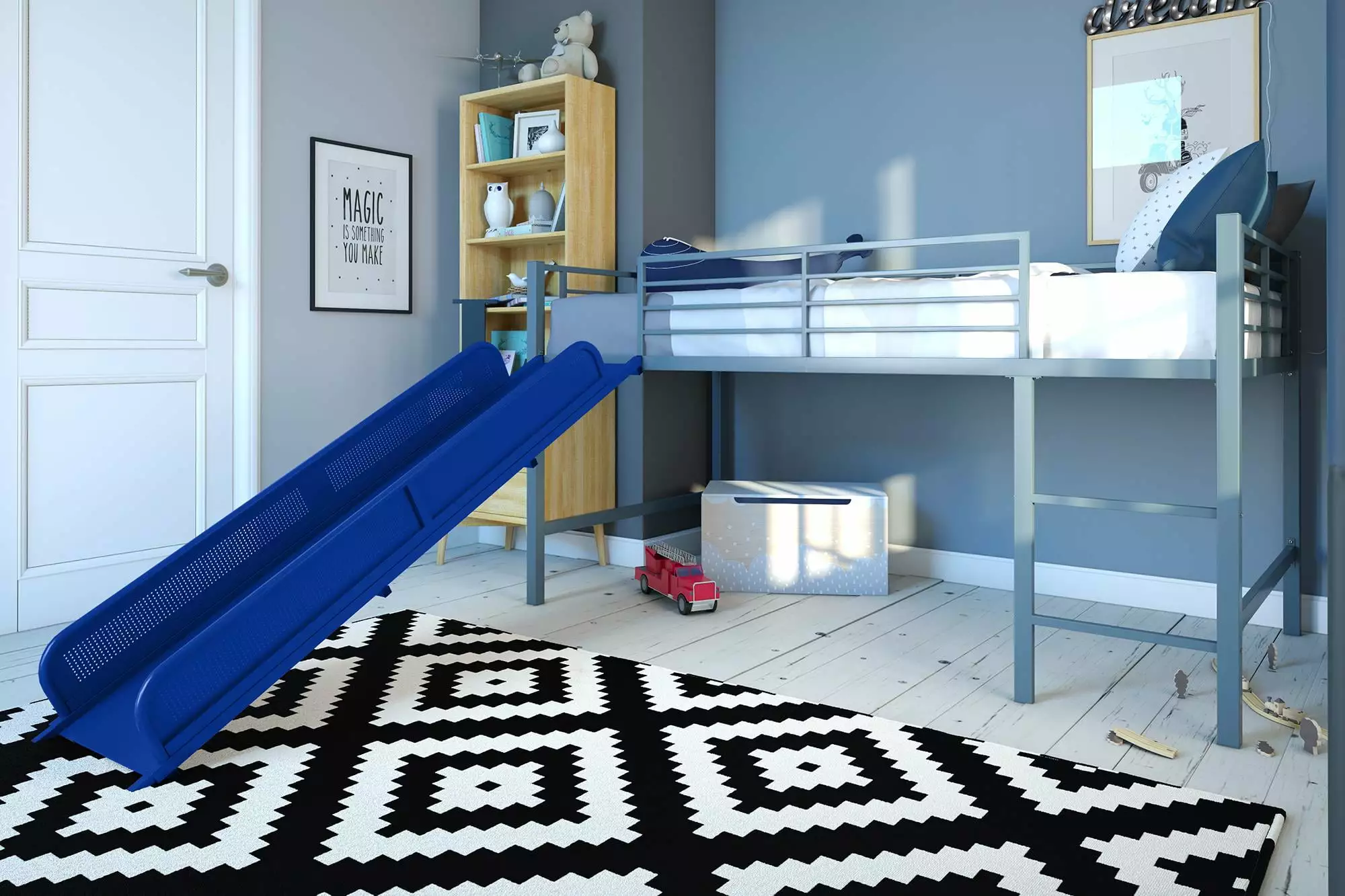 DHP Lively Junior Twin Metal Loft Bed. Silver with Blue Slide