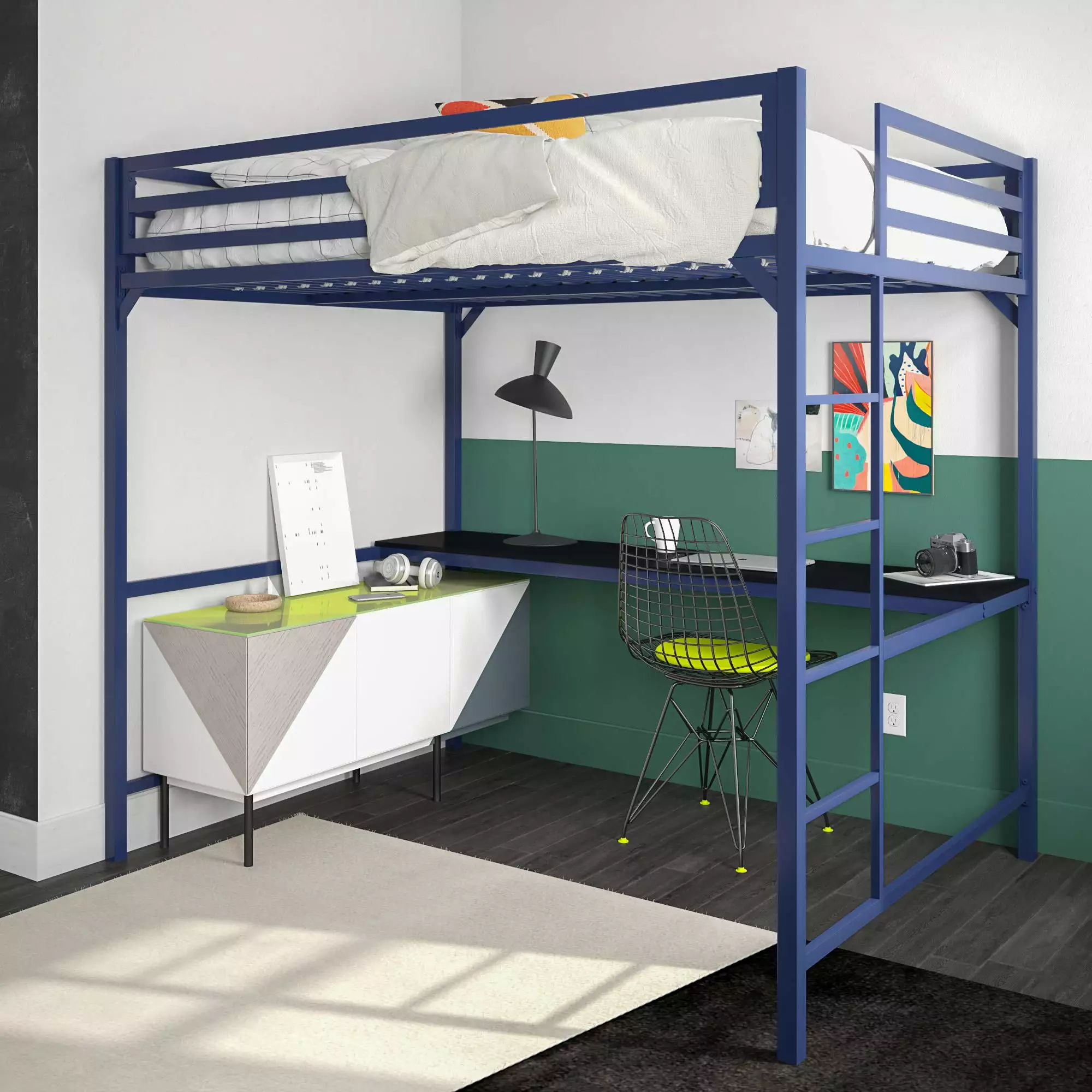 DHP Miles Metal Full Loft Bed with Desk. Blue