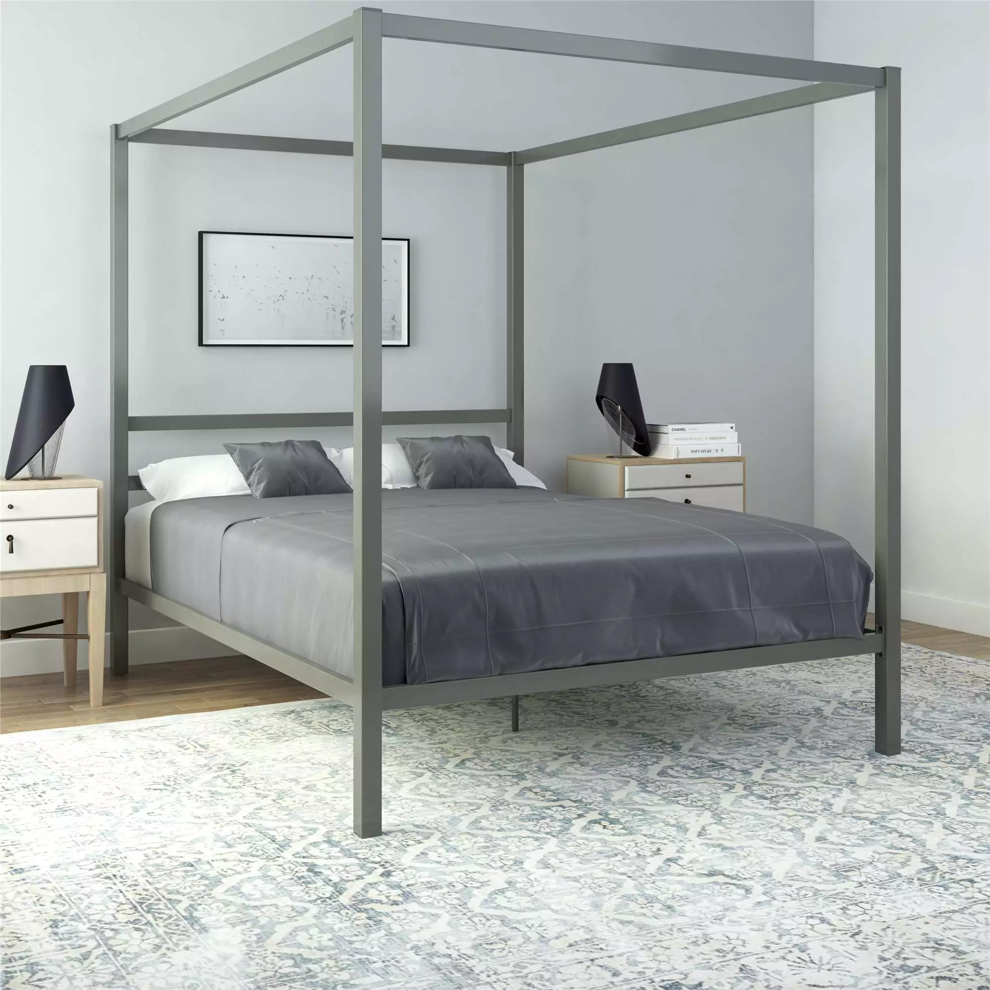 DHP Modern Metal Canopy Poster Bed. Queen. Gunmetal Gray