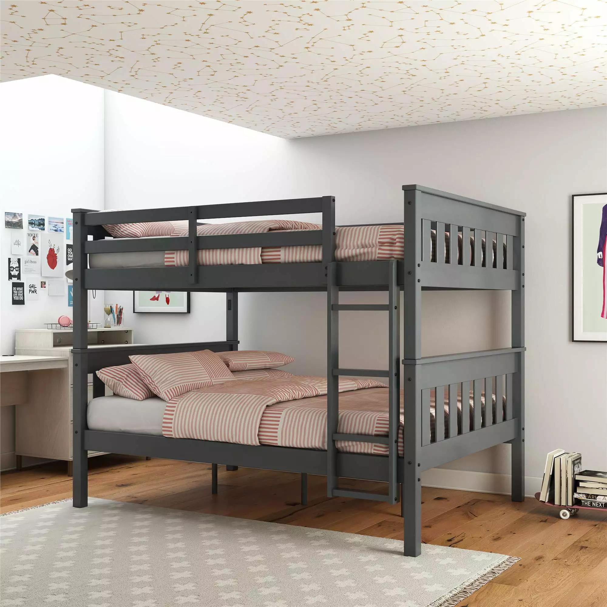 DHP Moon Full-Over-Full Wood Bunk Bed with USB Port. Gray