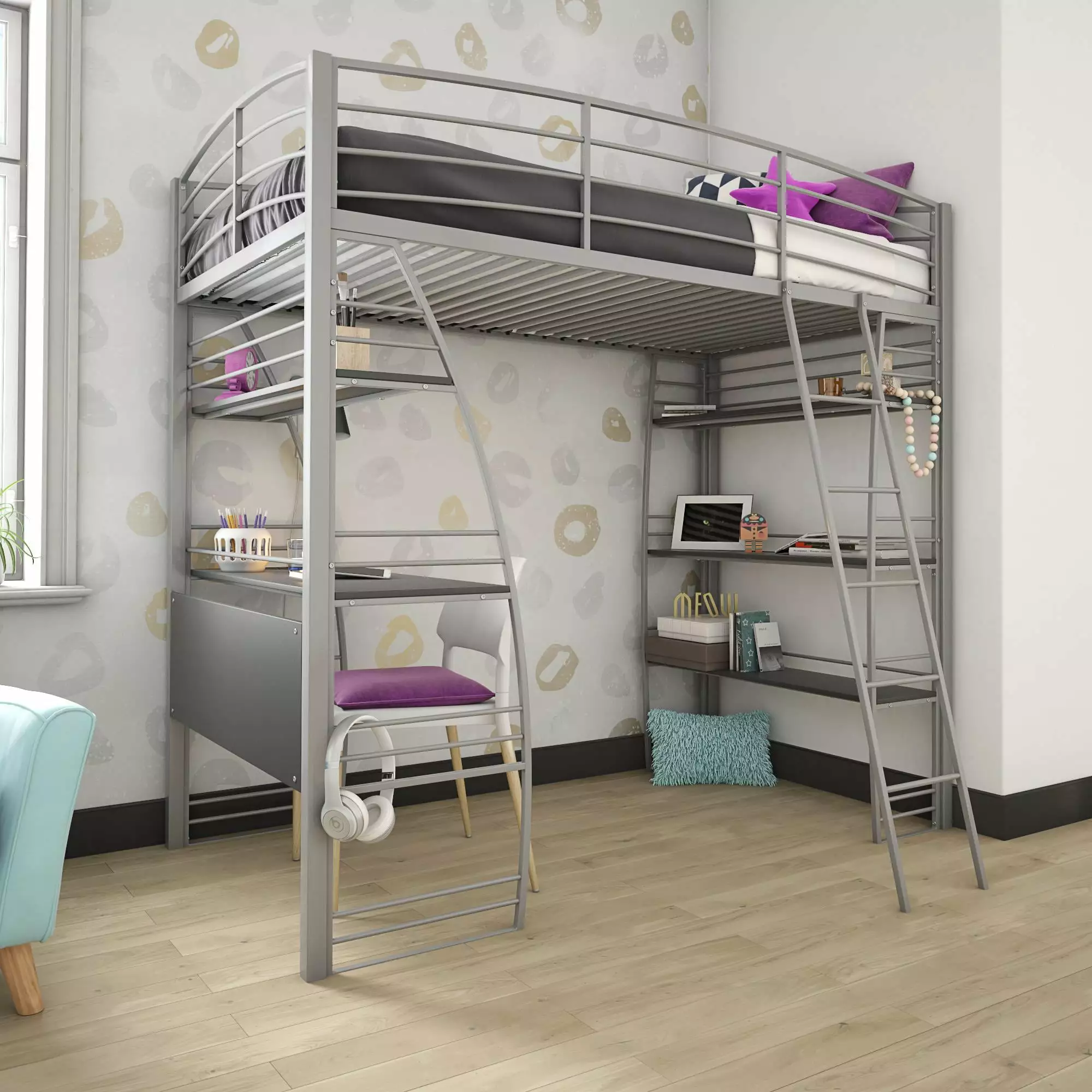 DHP Sage Studio Twin Metal Kids Loft Bed with Desk and Shelves. Silver