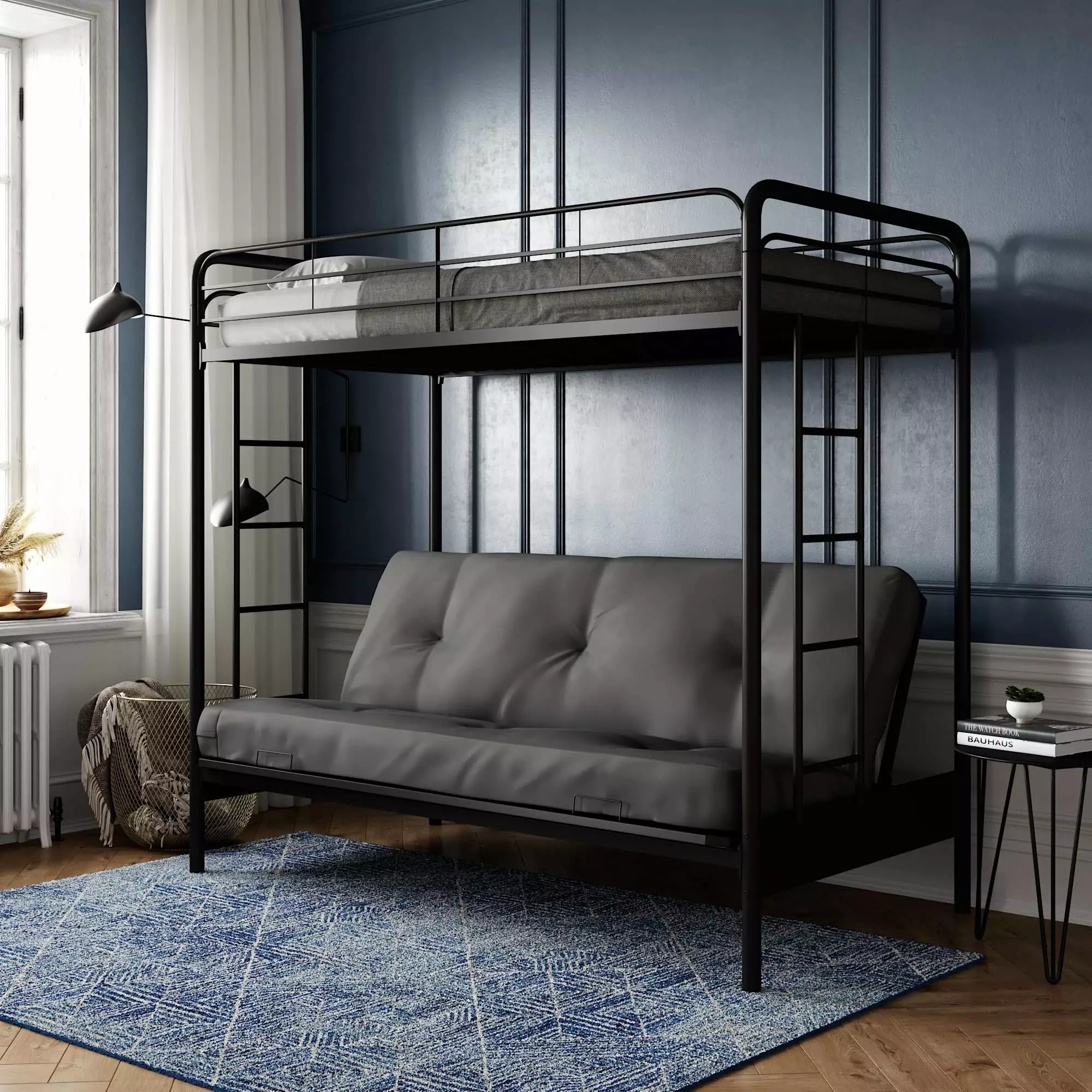 DHP Sammie Twin over Futon Metal Bunk Bed. Black