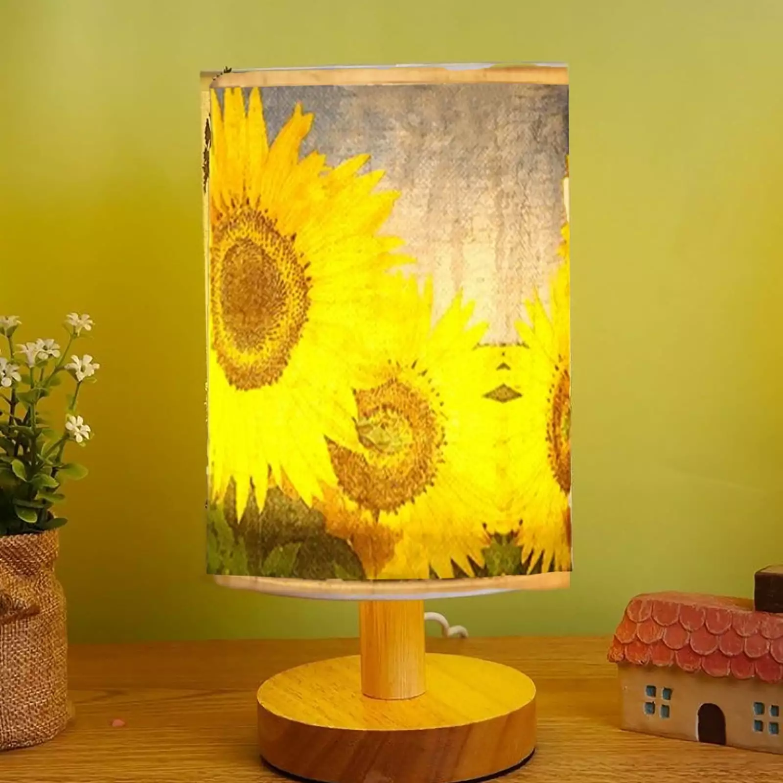 DIY Bedside Lamp.Solid Wood Base Small Table Lamp for Bedroom. Nightstand Lamp with Fabric Shade for Living Room Dorm Office Home Decor.Sunflower Printing. Plant Printing.Bedside Reading Light