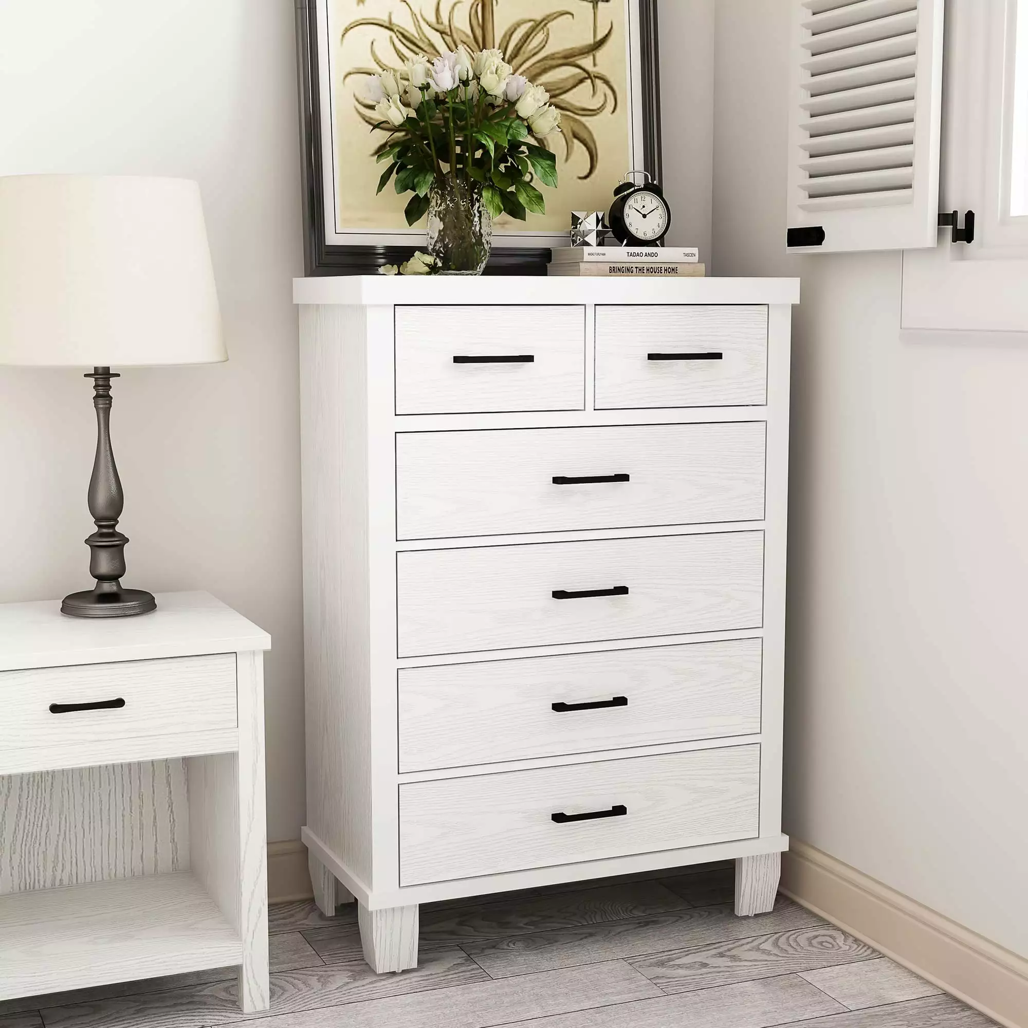 DSstyles Dresser with 6 Drawers for Bedroom. Vintage Design Wood Drawer Dresser Chest of Drawers for Closet. Living Room. Hallway. Kids Bedroom (White)