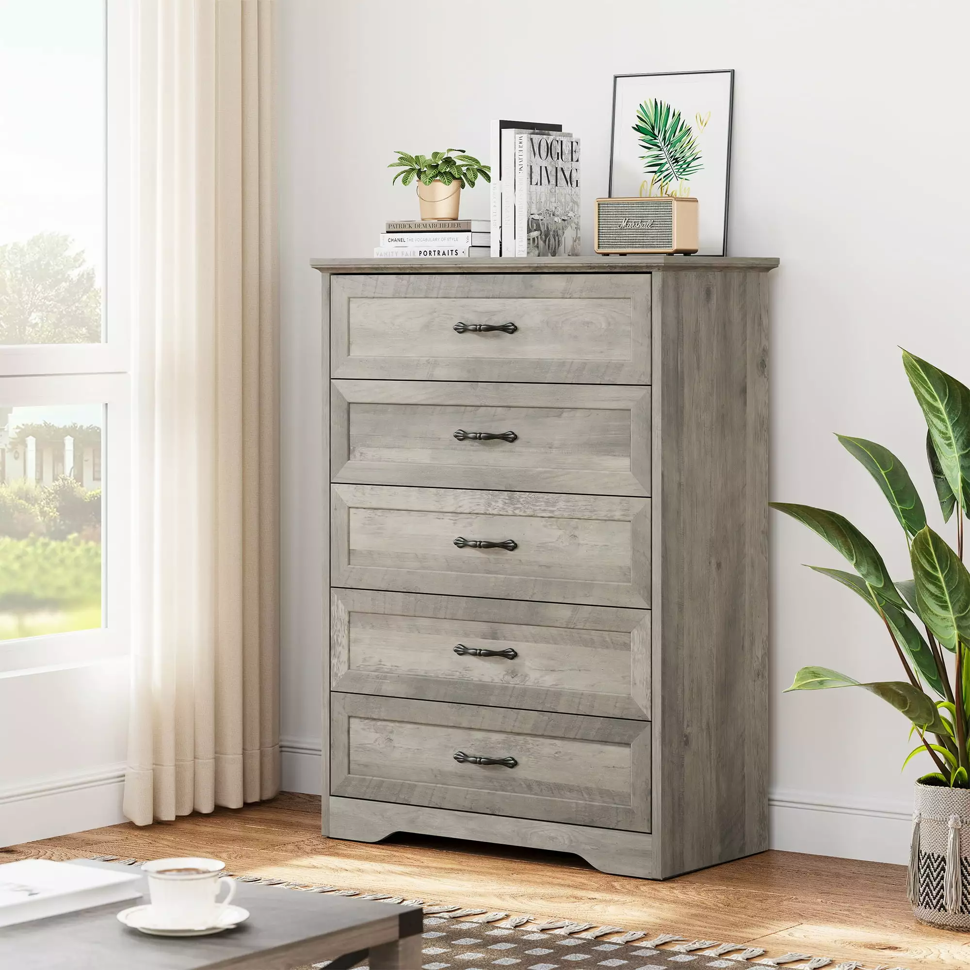 DSstyles Dresser for Bedroom with 5 Drawers. Wood Drawer Dresser Chest of Drawers for Closet. Living Room. Hallway. Nursery. Kids Bedroom. Grey