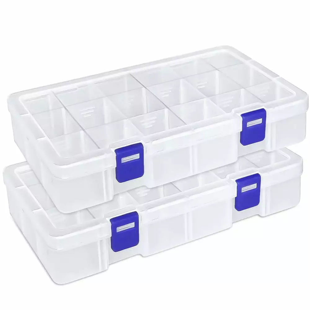 DUONER Plastic Bead Storage Organizer Box Divided Grids 18 Compartments Small Plastic Craft Storage Box with Compartments Bead Containers for Storage Jewelry Thread Earring Plastic Box. White x 2