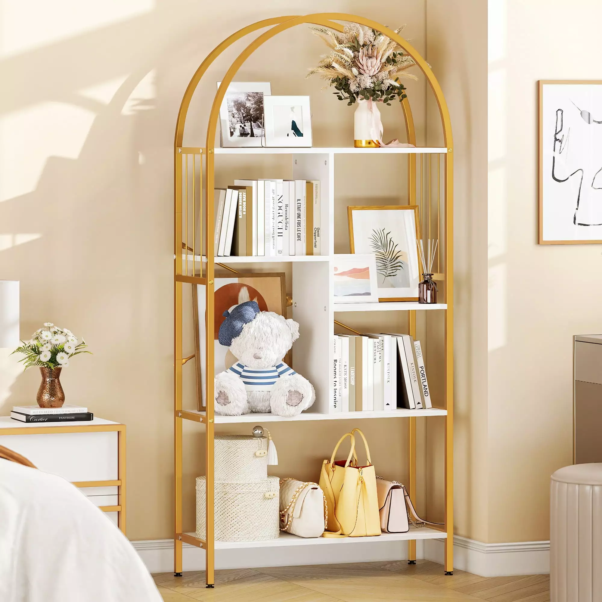 DWVO 5 Tier Arched Bookshelf and Bookcase. Gold Standing Book Shelf. Mental Frame Storage Display Rack Shelves Organizer for Bedroom Living Room Office