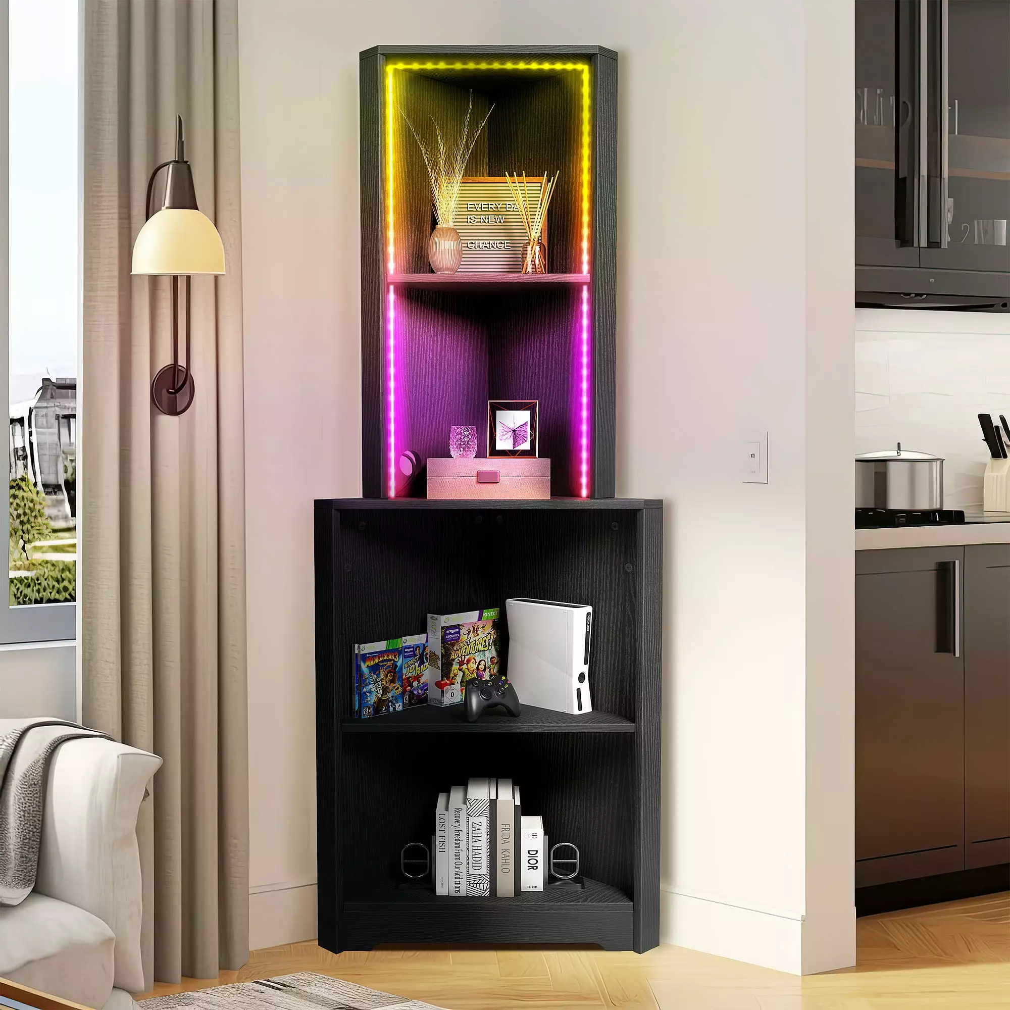 DWVO Corner Shelf Stand with Led Light. 5 Tier Corner Bookshelf and Bookcase. Wooden Open Corner Cabinet Display Storage Rack. Black