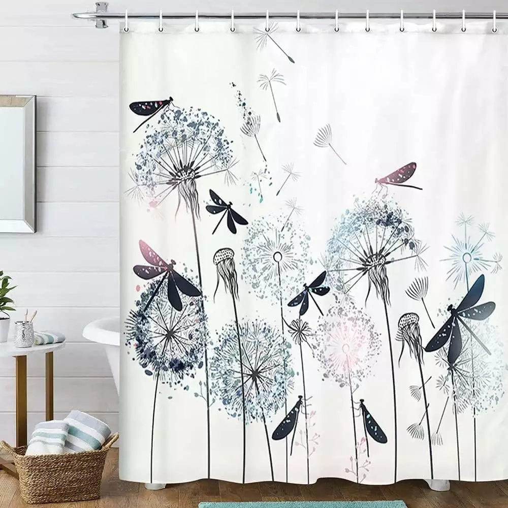 Dandelions and Dragonflies Shower Curtain Wildflowers Floral Herbs Antique Botanical Shower Curtain for Bathroom Fabric Aesthetic Abstract Flowers Modern Curtain with Hooks 72x72 Aosijia