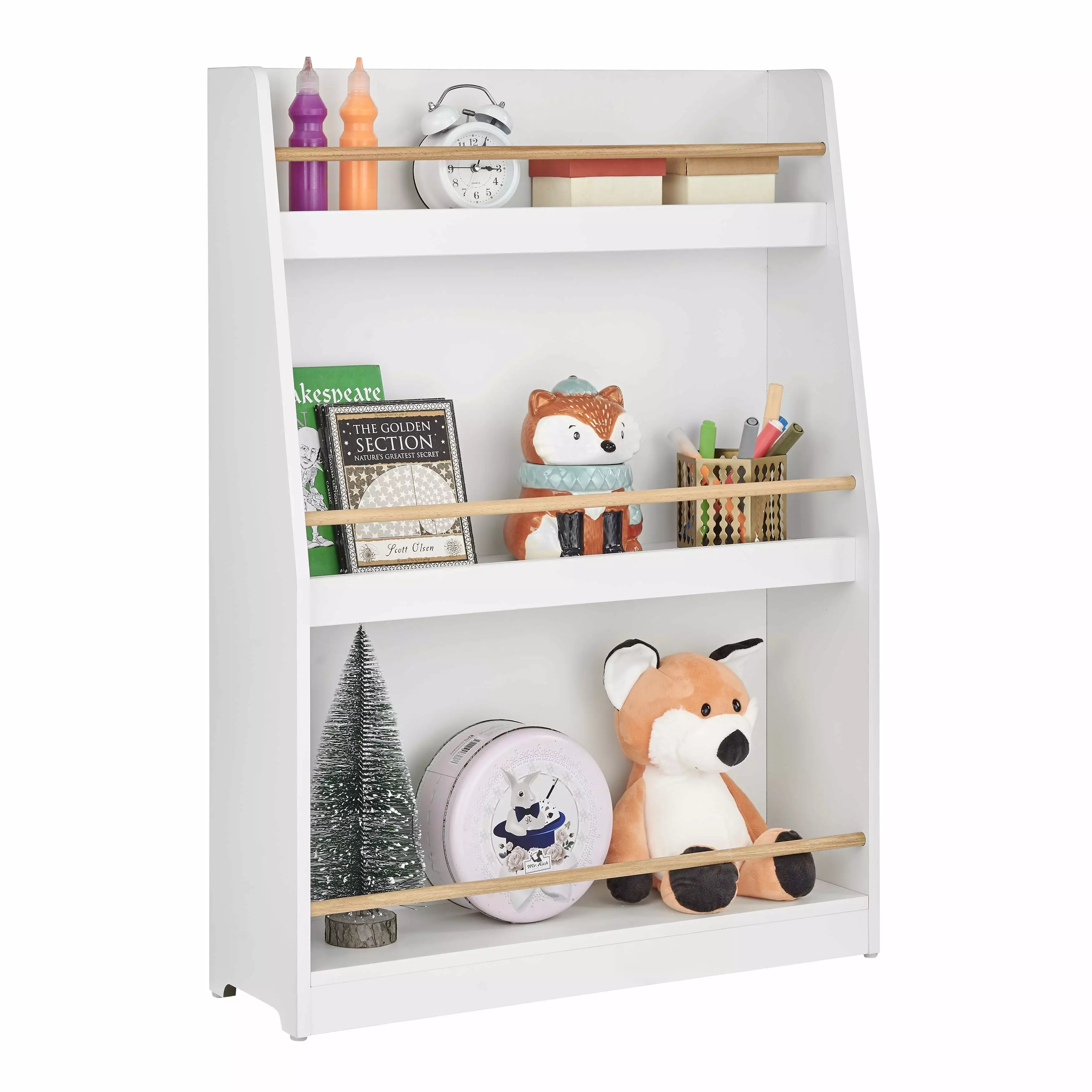 Danya B. Steiner White 3-Tier Kids Book or Magazine Storage Freestanding Bookcase with Contrasting Wood-Toned Rods