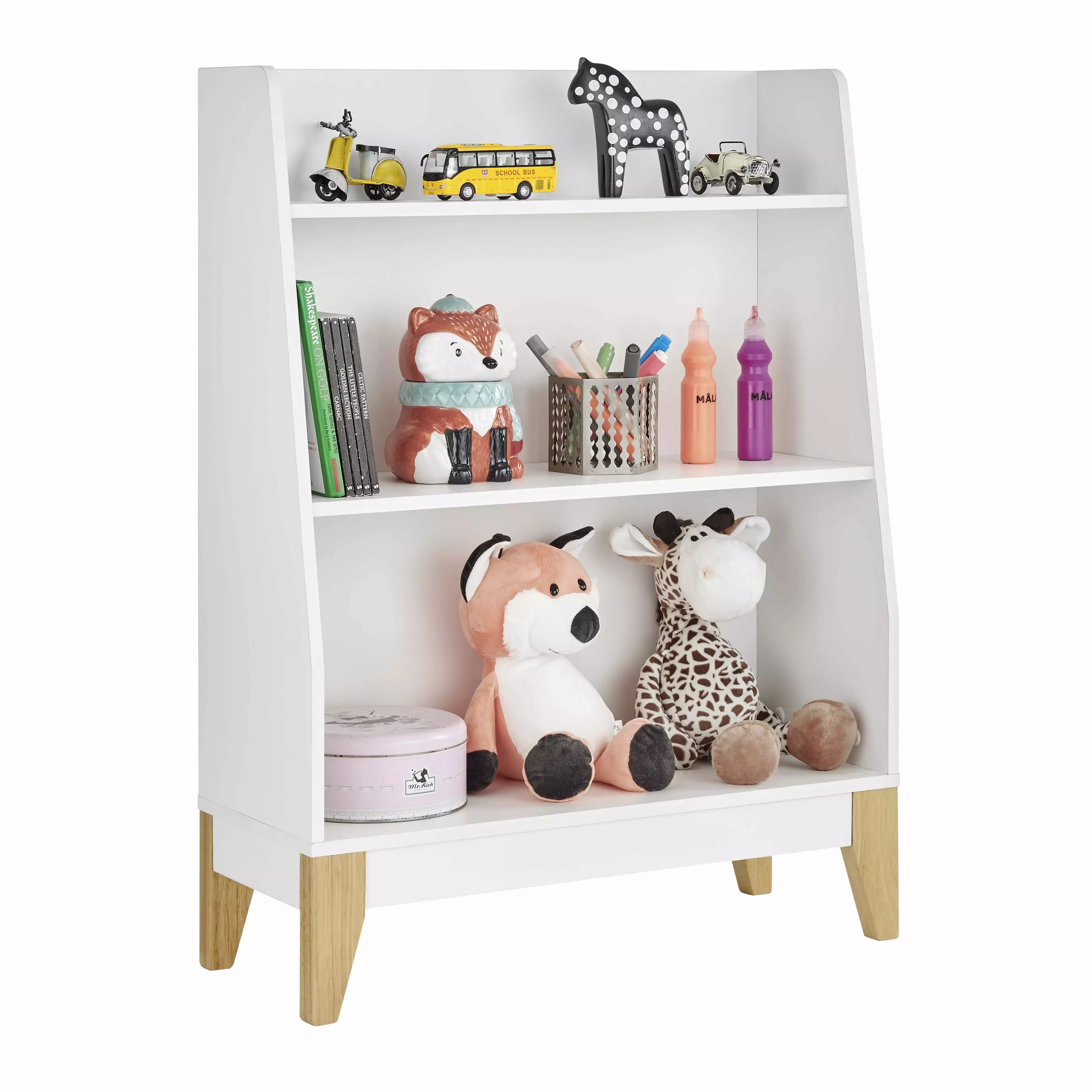 Danya B. Steiner White 3-Tier Kids Book or Toy Figure Display Unit Freestanding Bookshelf with Contrasting Wood-Toned Legs