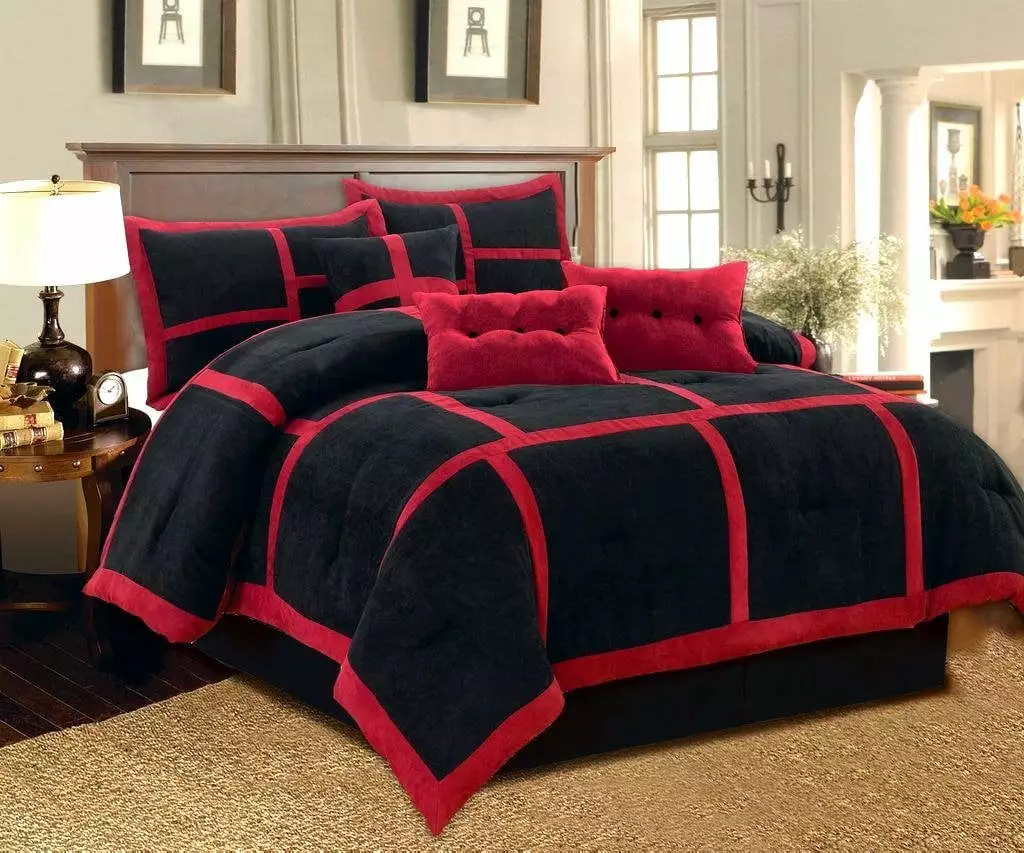 Dawn King Size 7-Piece Micro Suede Comforter Bedding Set Soft Patchwork Oversized Bed in a Bag Black & Red