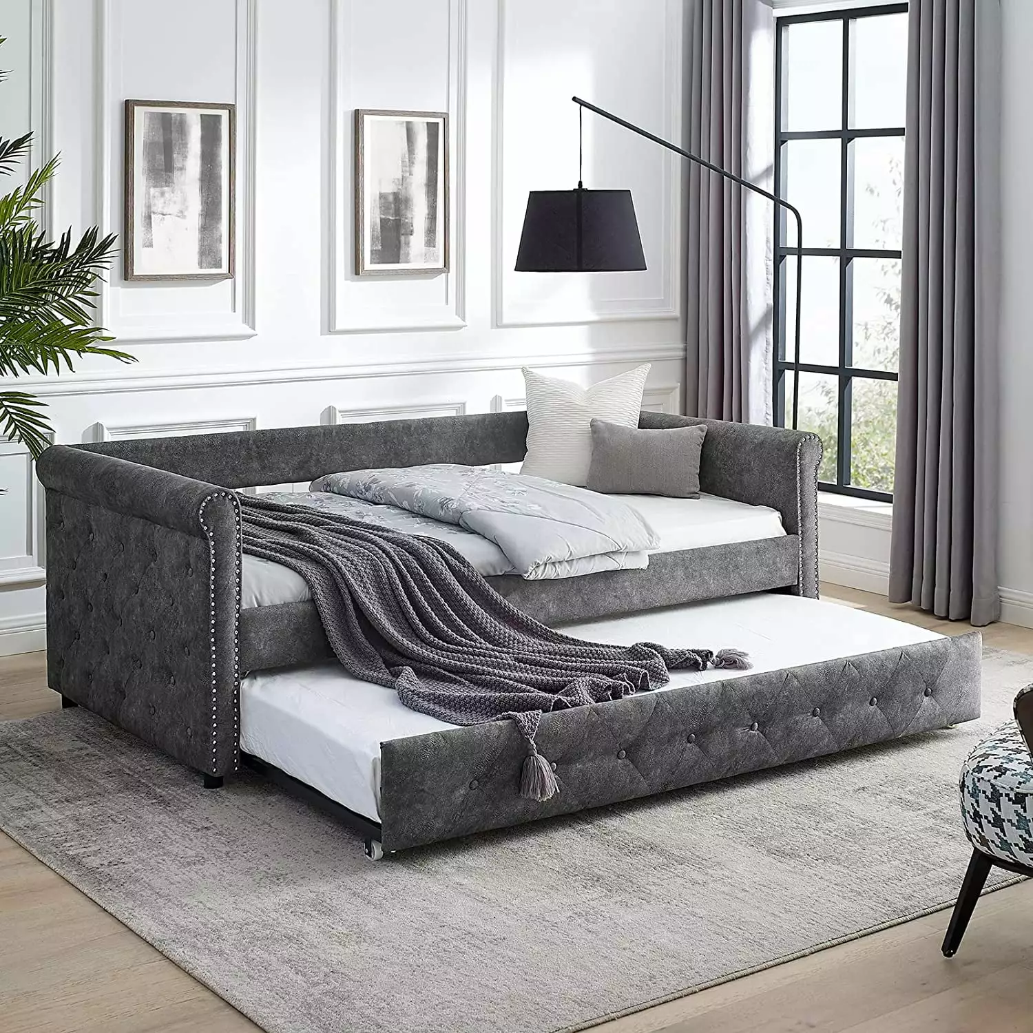 Daybed with Trundle. Muumblus Modren Kids Pull Out Sofa Bed for Bedroom & Living Room. Twin Size. Grey Linen Upholstered