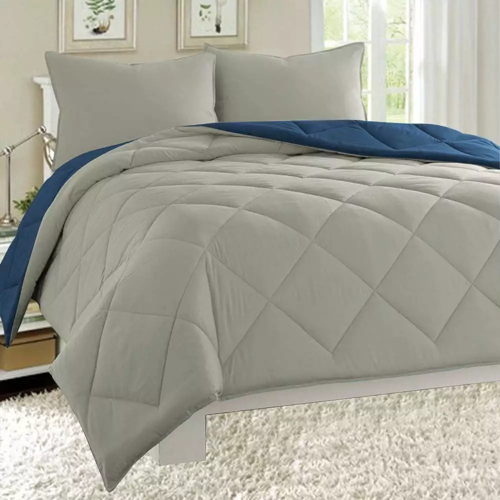 Dayton King Size 3-Piece Reversible Comforter Set Soft Brushed Microfiber Quilted Bed Cover Gray & Navy