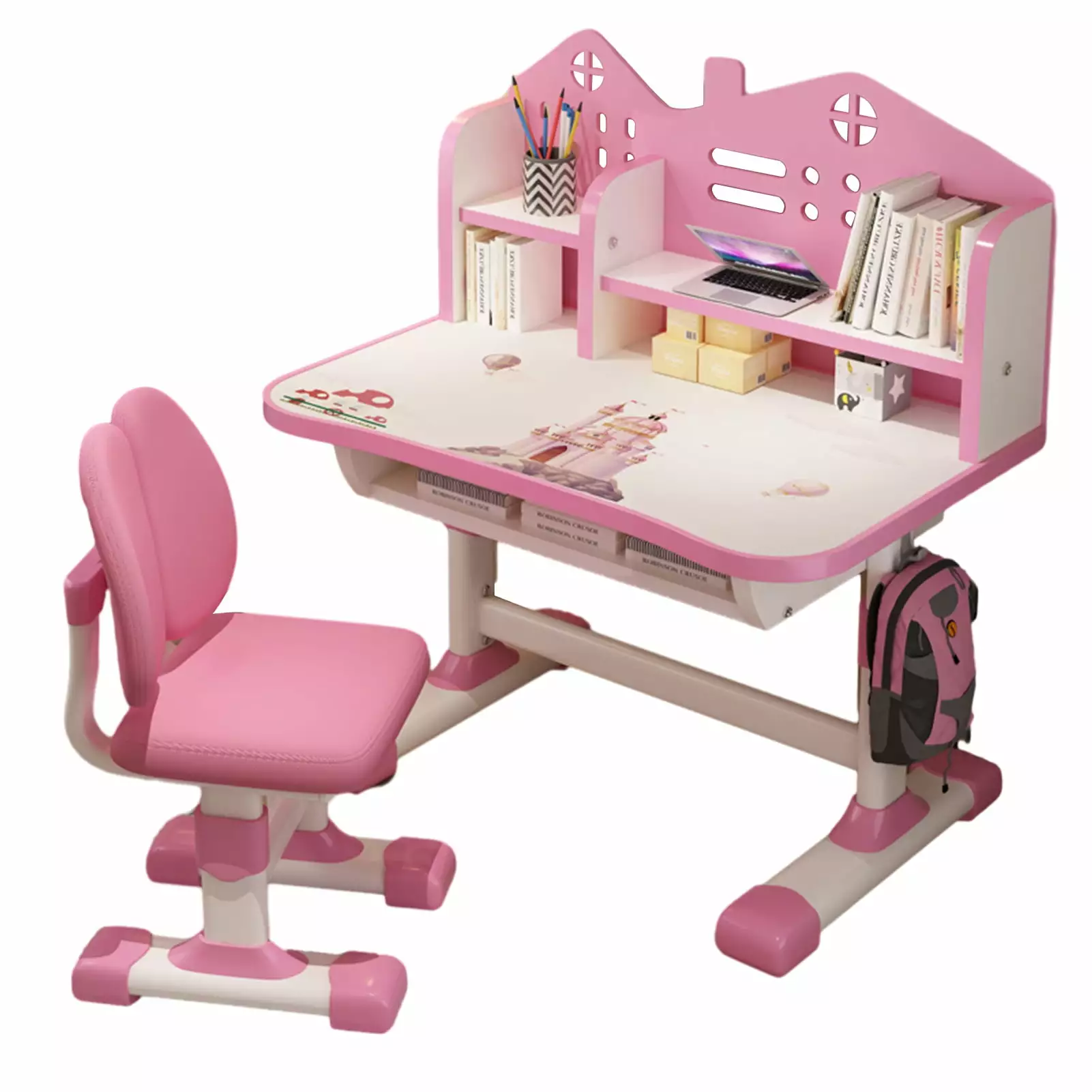 Dbuoem 2Pcs/Set Desk for Kids .Gamer Chair for Kids Multi Bookstand Widened Desktop Desk Chair Set Cartoon Pattern Kids School Desk with Chair Set